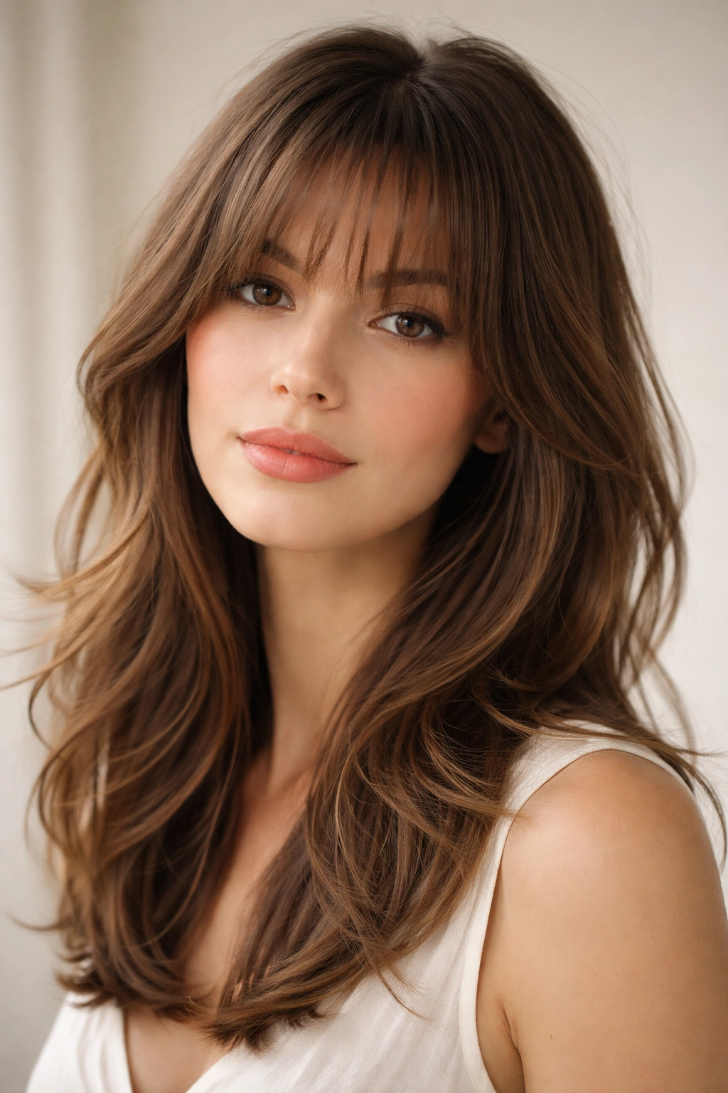 20 Medium Hairstyles With Bangs For Any Face 9 Romantic wispy bangs with face-framing layers creating soft, cascading texture.
