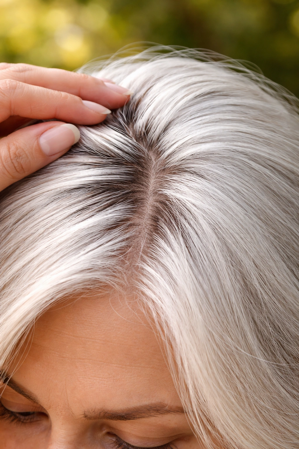 Close-up of head with darker roots among white hair suggesting reversal possibility