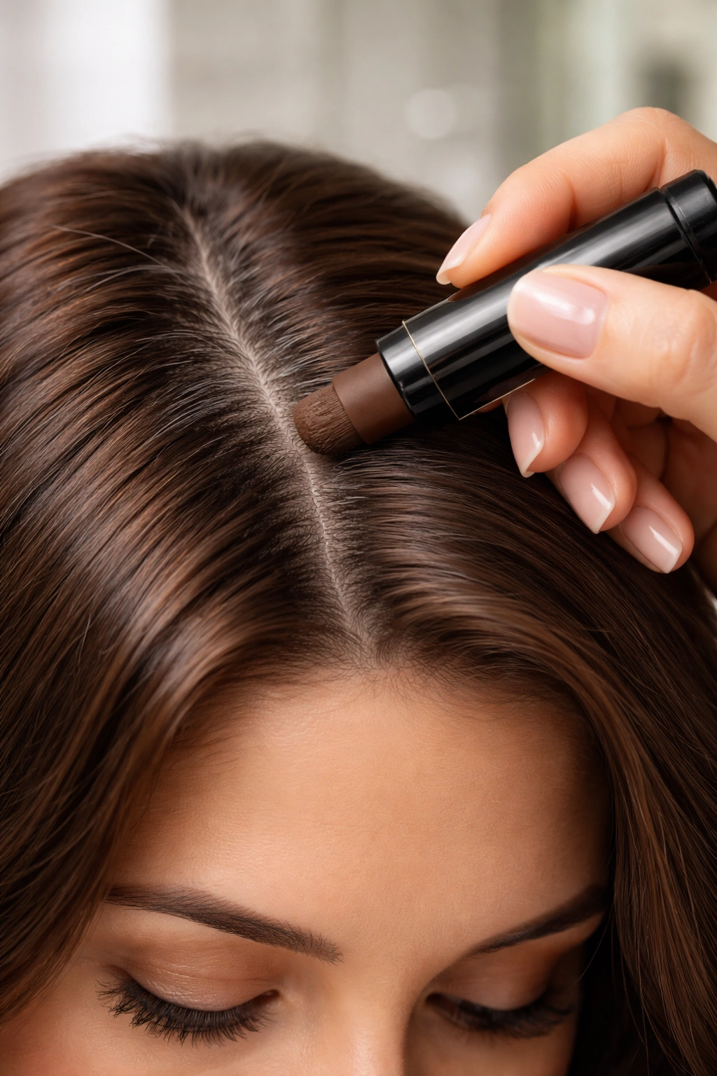 Hand applying root concealer to grey roots on brunette hair.