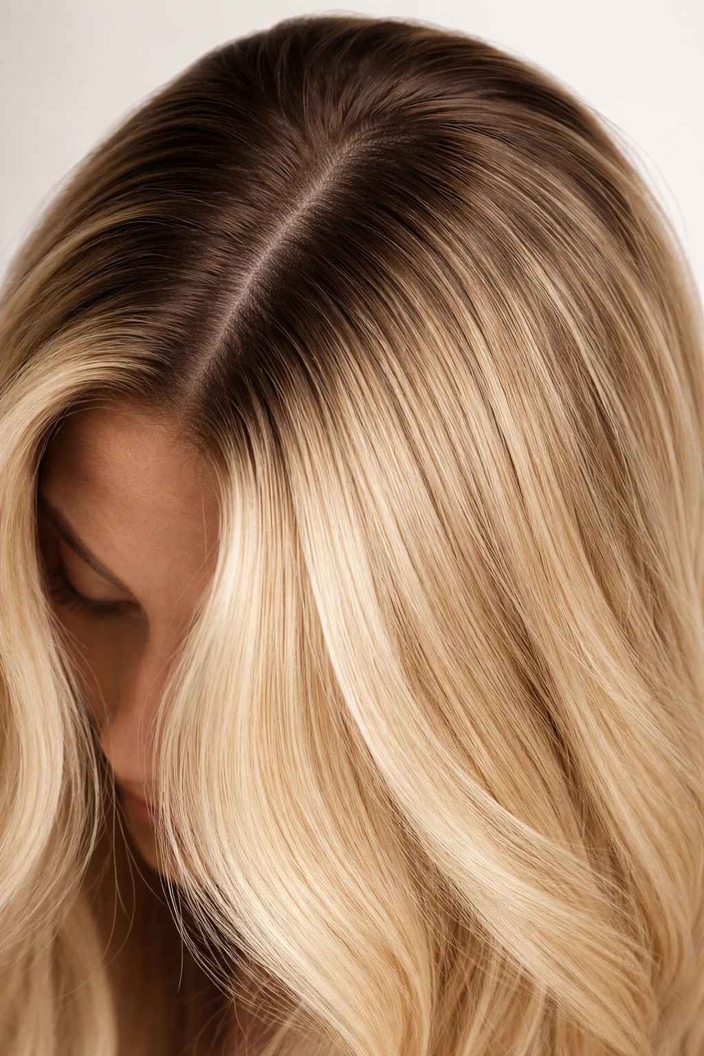 Close-up view of hair roots showing darker natural color blending with blonde lengths