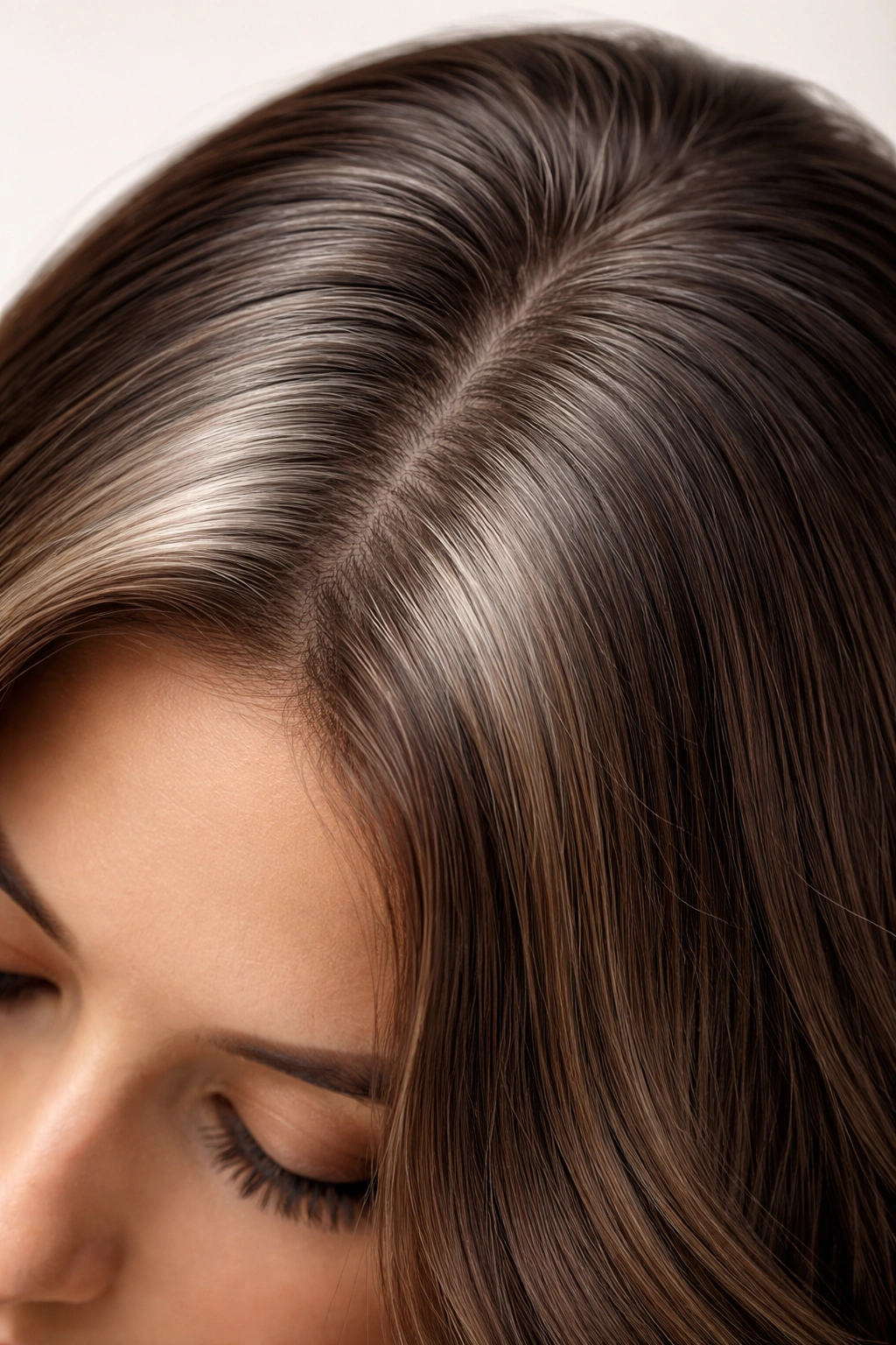 Hair roots showing grey-to-brown transition achieved by root smudging