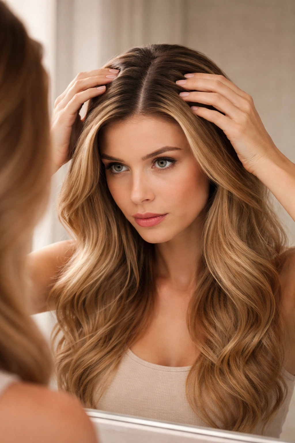 Person checking hair roots for long-term color maintenance