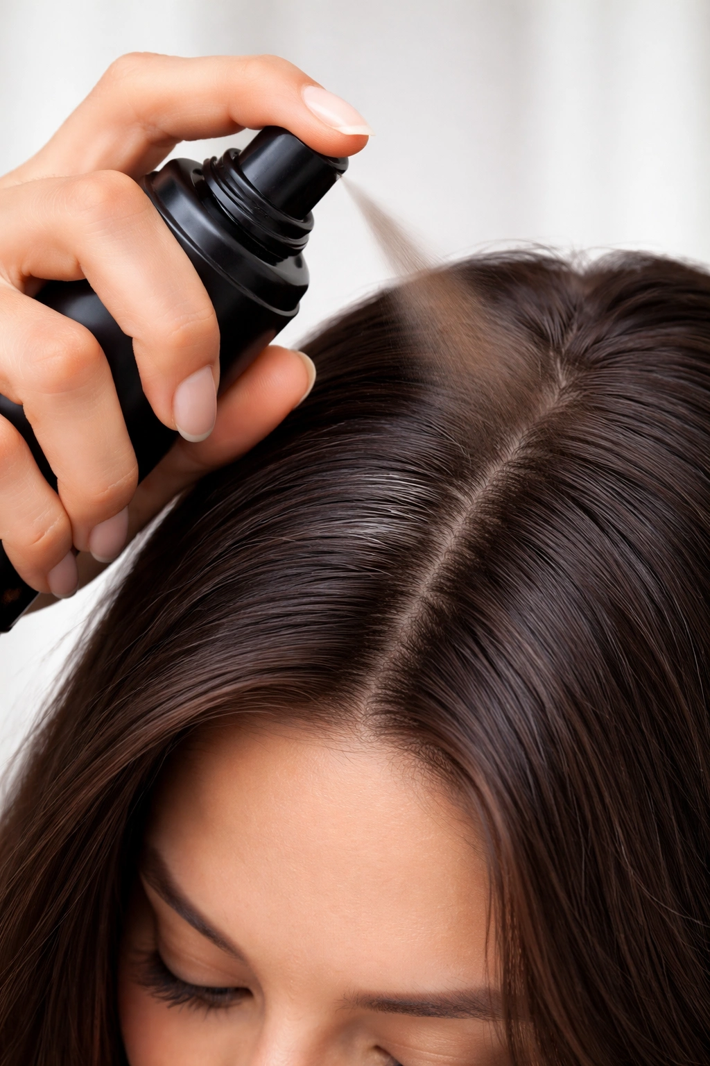 Hand applying a plain root touch-up spray to greying roots