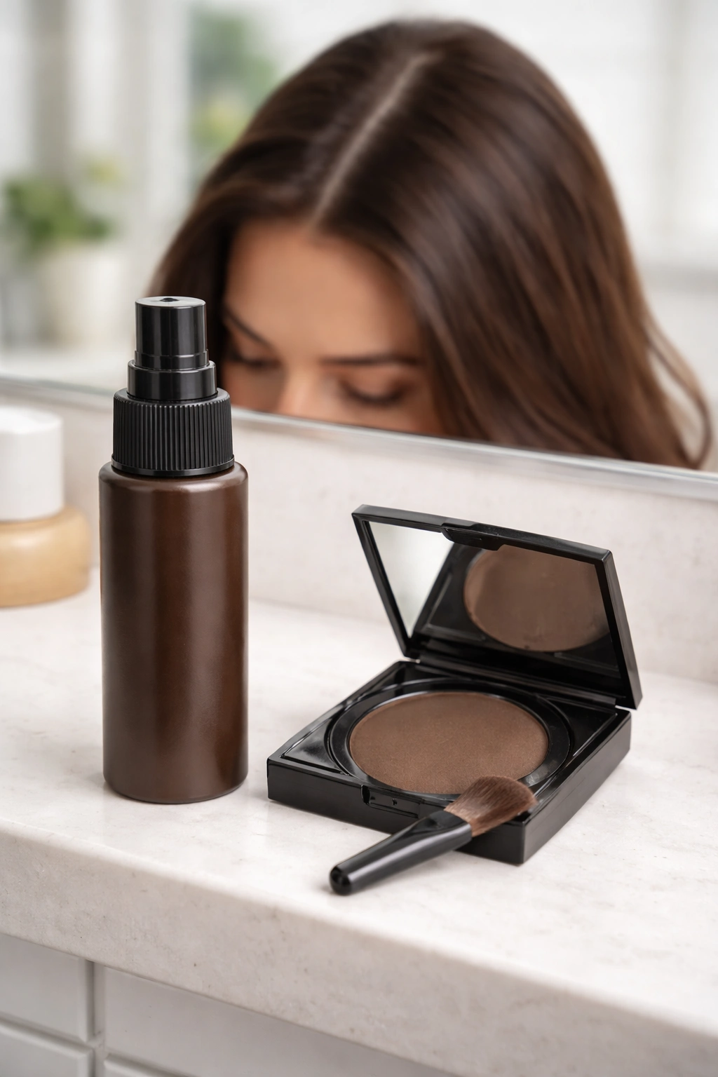 Unlabeled root touch-up spray and powder for brunette hair