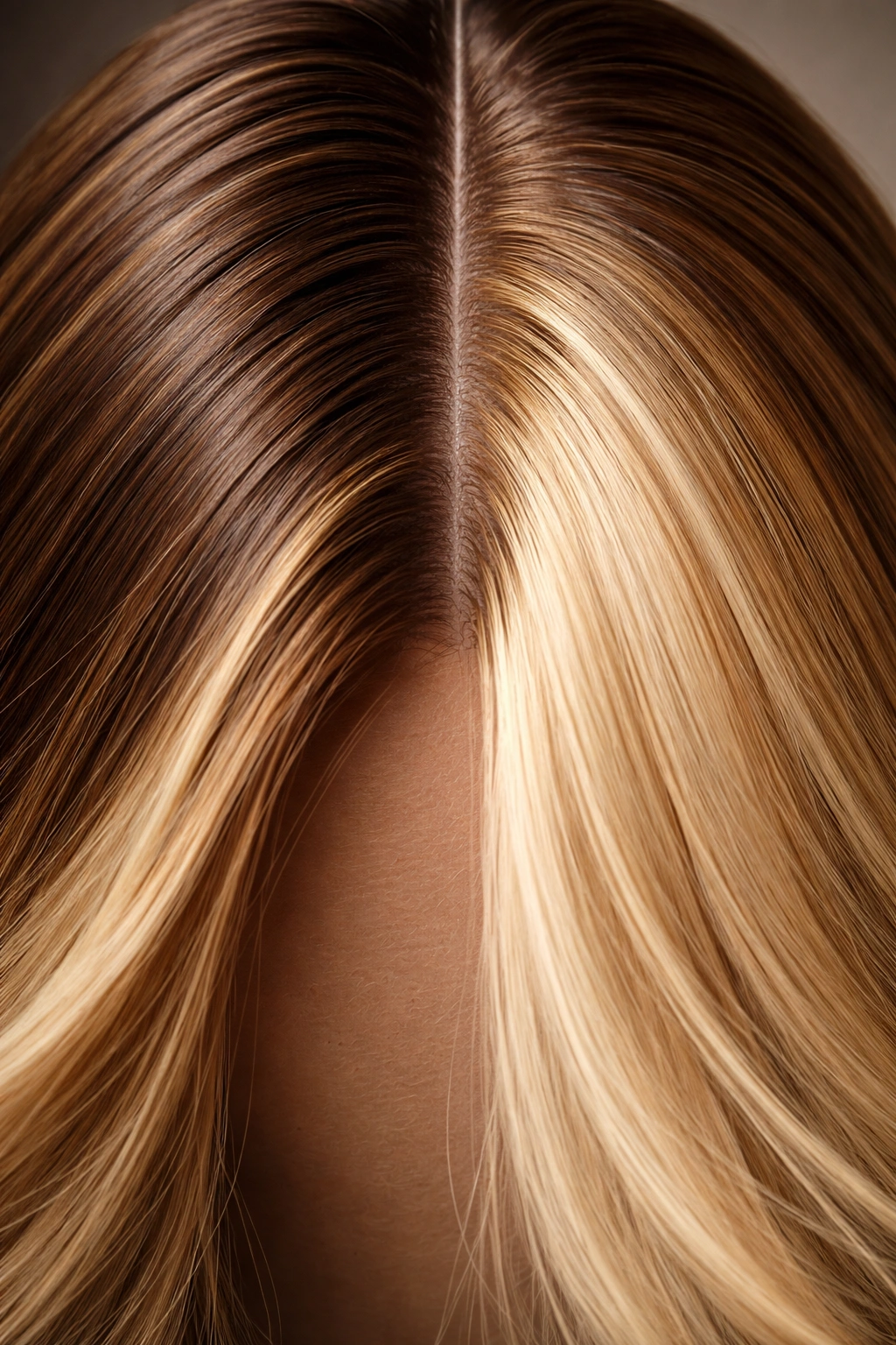 Macro close-up of hair root area showing touch-up concept