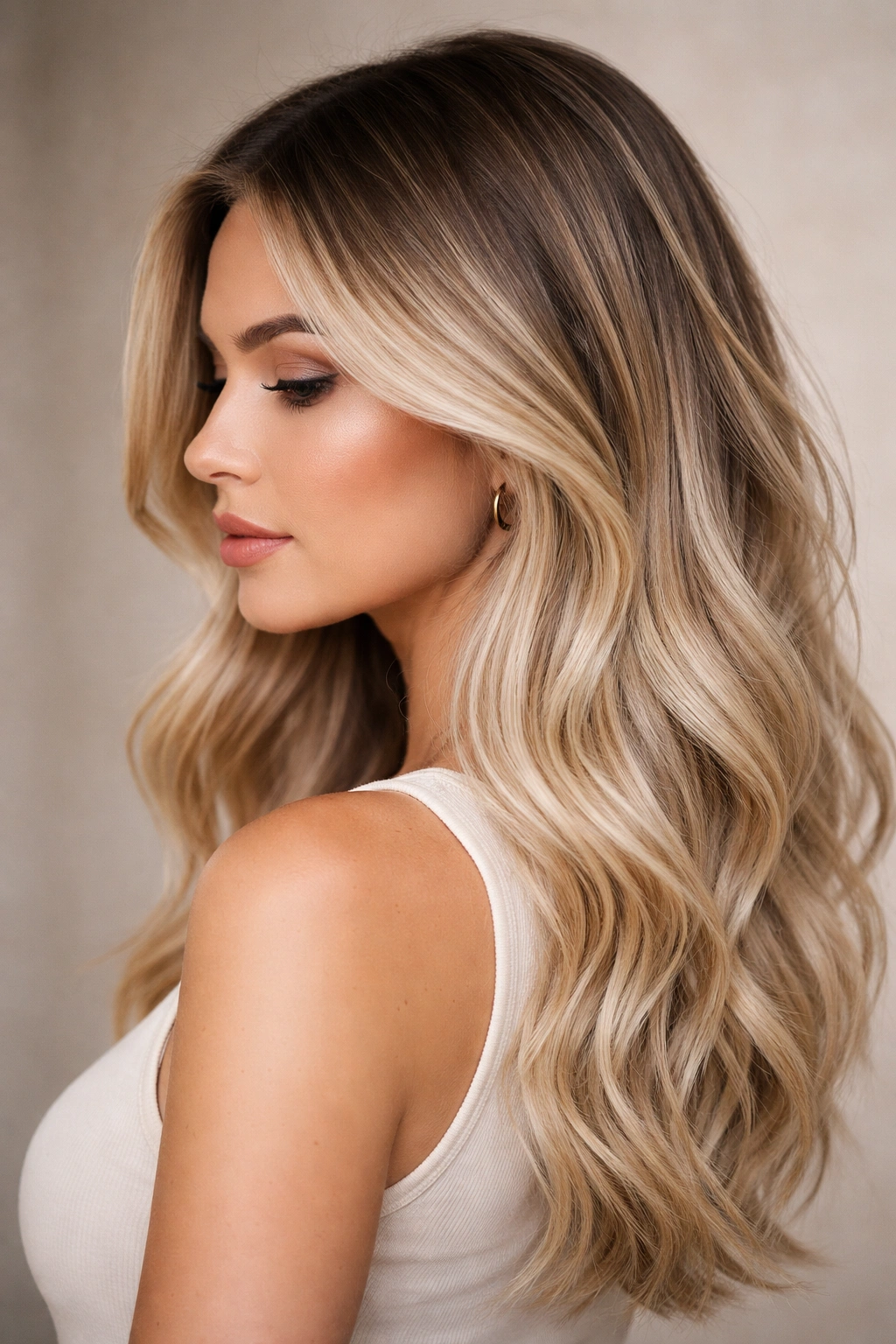 Side-profile of rooted blonde with shadow roots showing gradient from dark roots to blonde