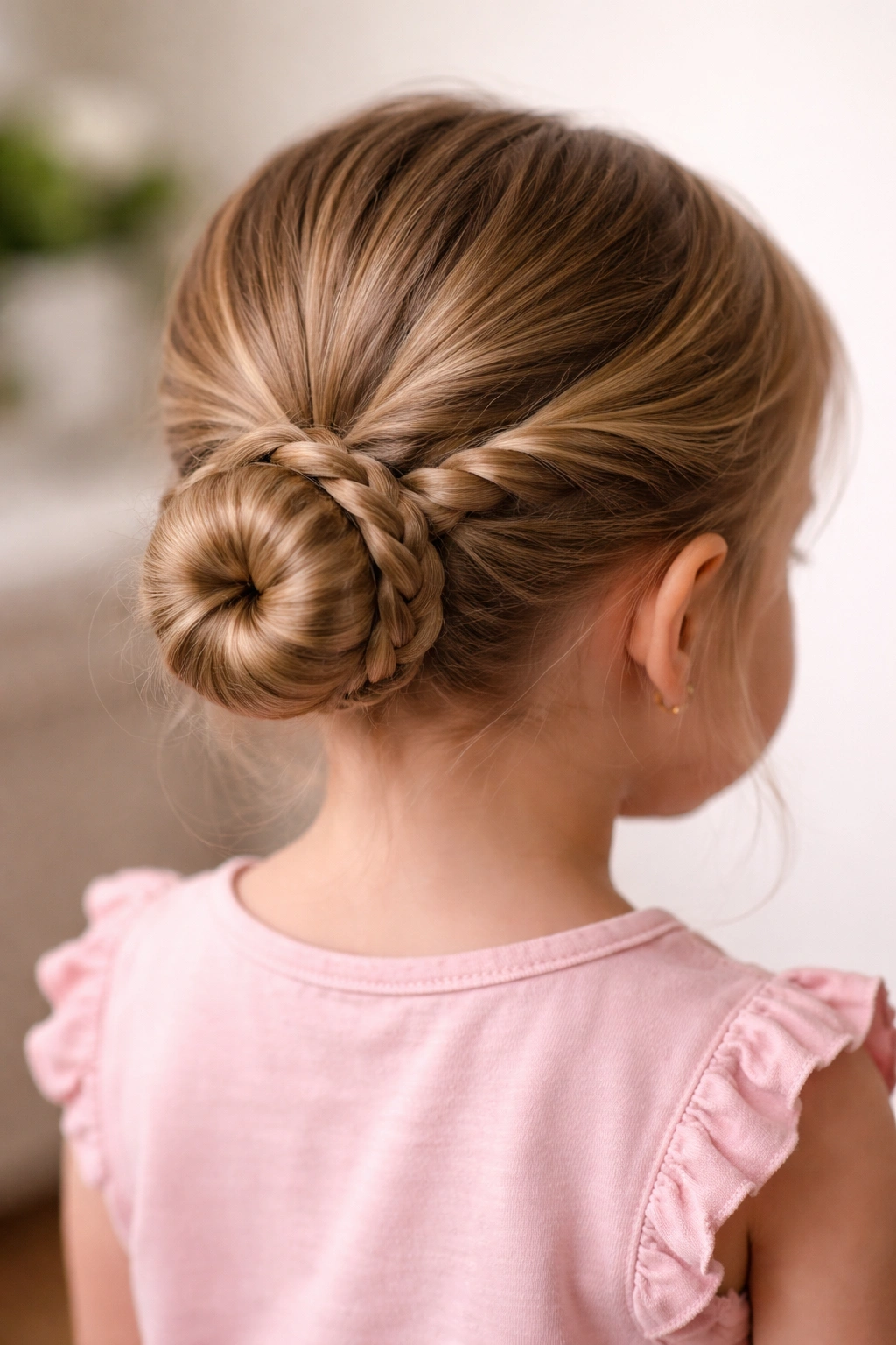 Rope braid twisted into bun at the nape of a toddler's neck
