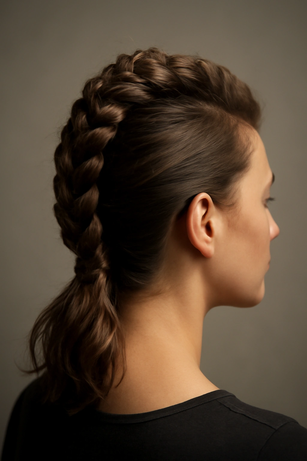 Close-up of a thick rope braid forming a dense mohawk on medium-length hair