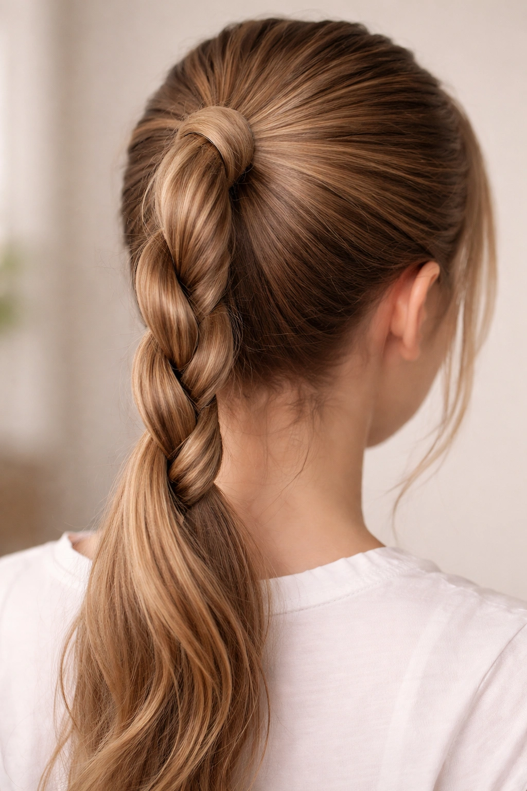 Rope braid pony hairstyle with twisted strands forming rope twist wrapped into a ponytail
