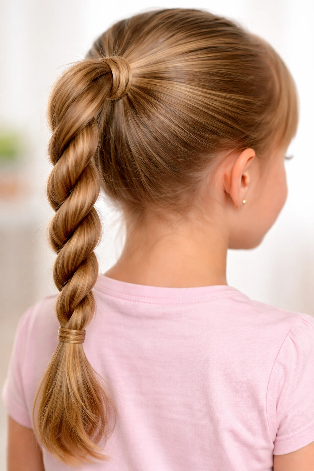 Close-up of a rope braid ponytail with intertwined twists