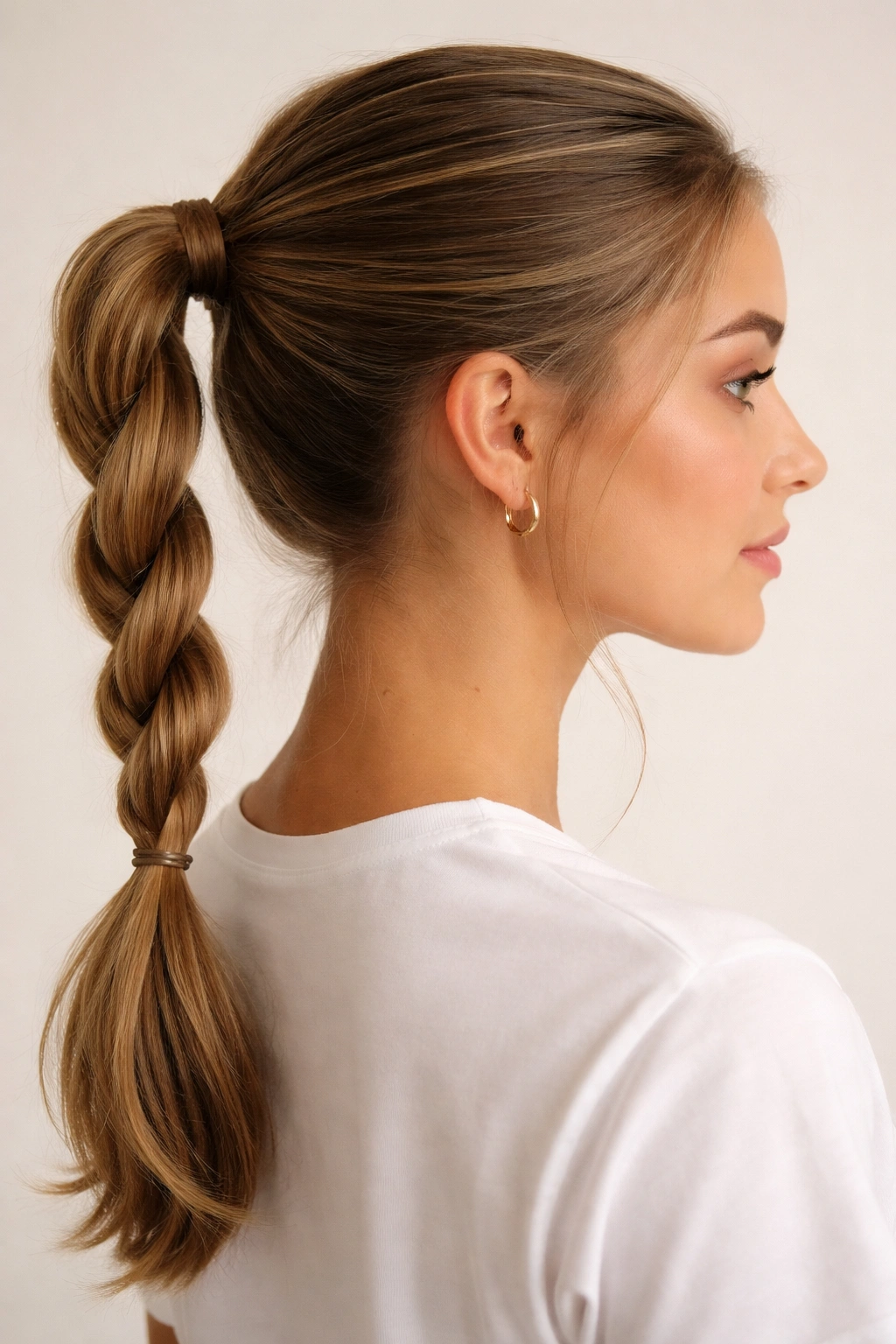 Close-up of rope braid ponytail showing rope texture, neutral backdrop