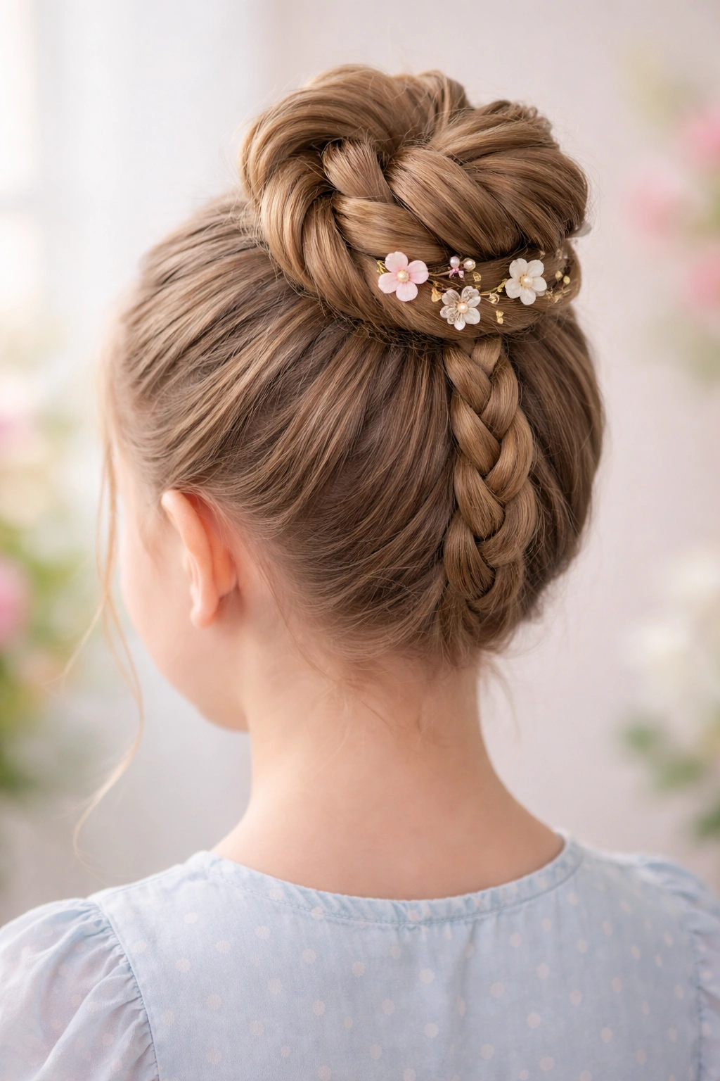Rope braid updo with decorative pins on a bun