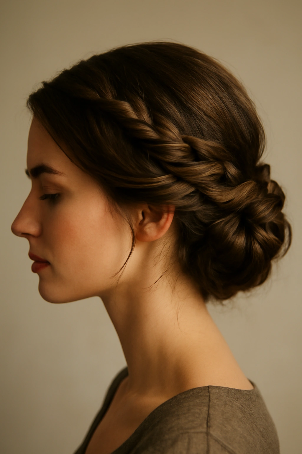 10 Braided Updos to Try on Medium or Long Hair 3 Side profile of a rope braid sweeping across the head into a low bun.