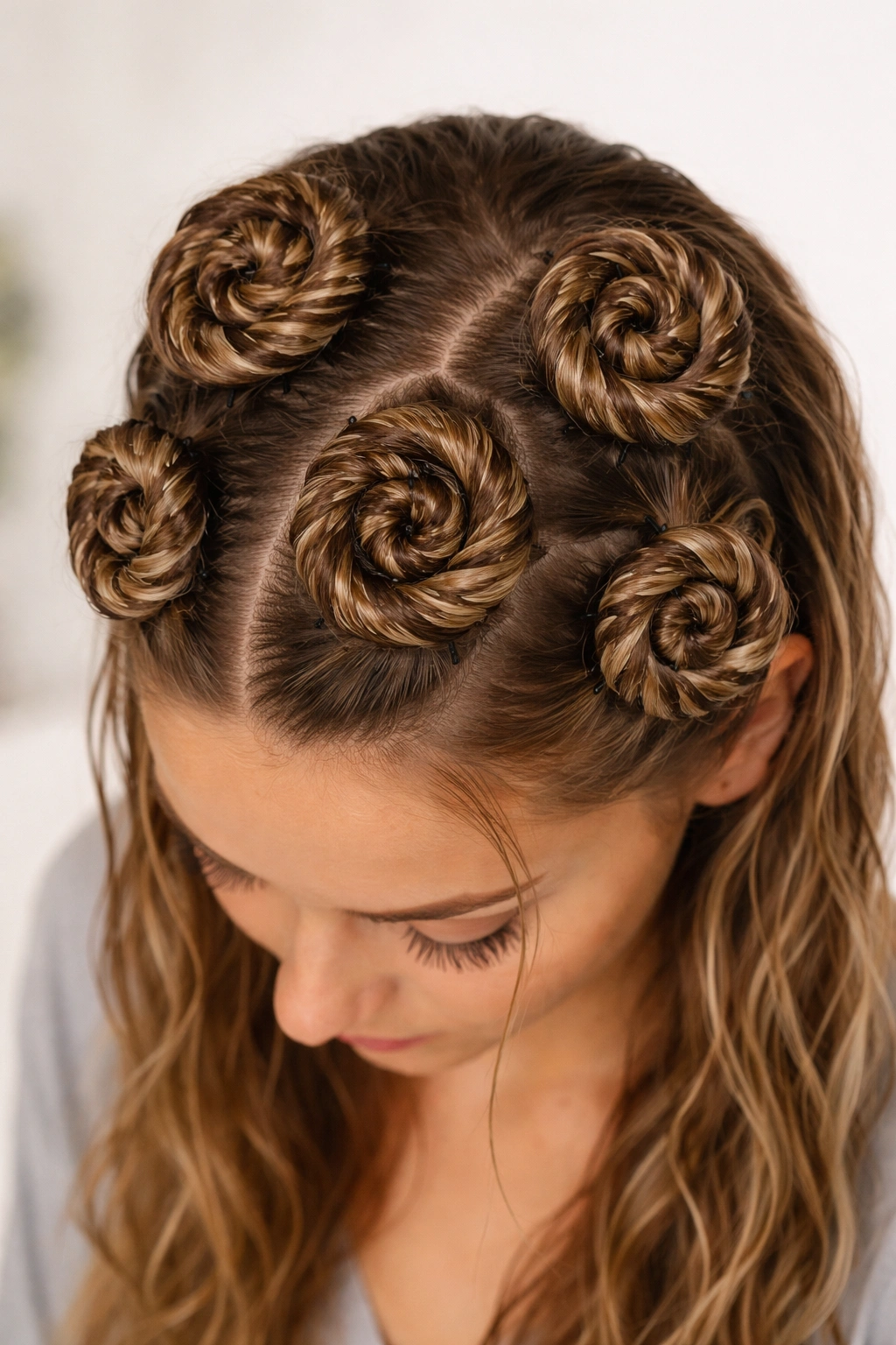 Top-down view of rope twists coiled into spirals on the scalp