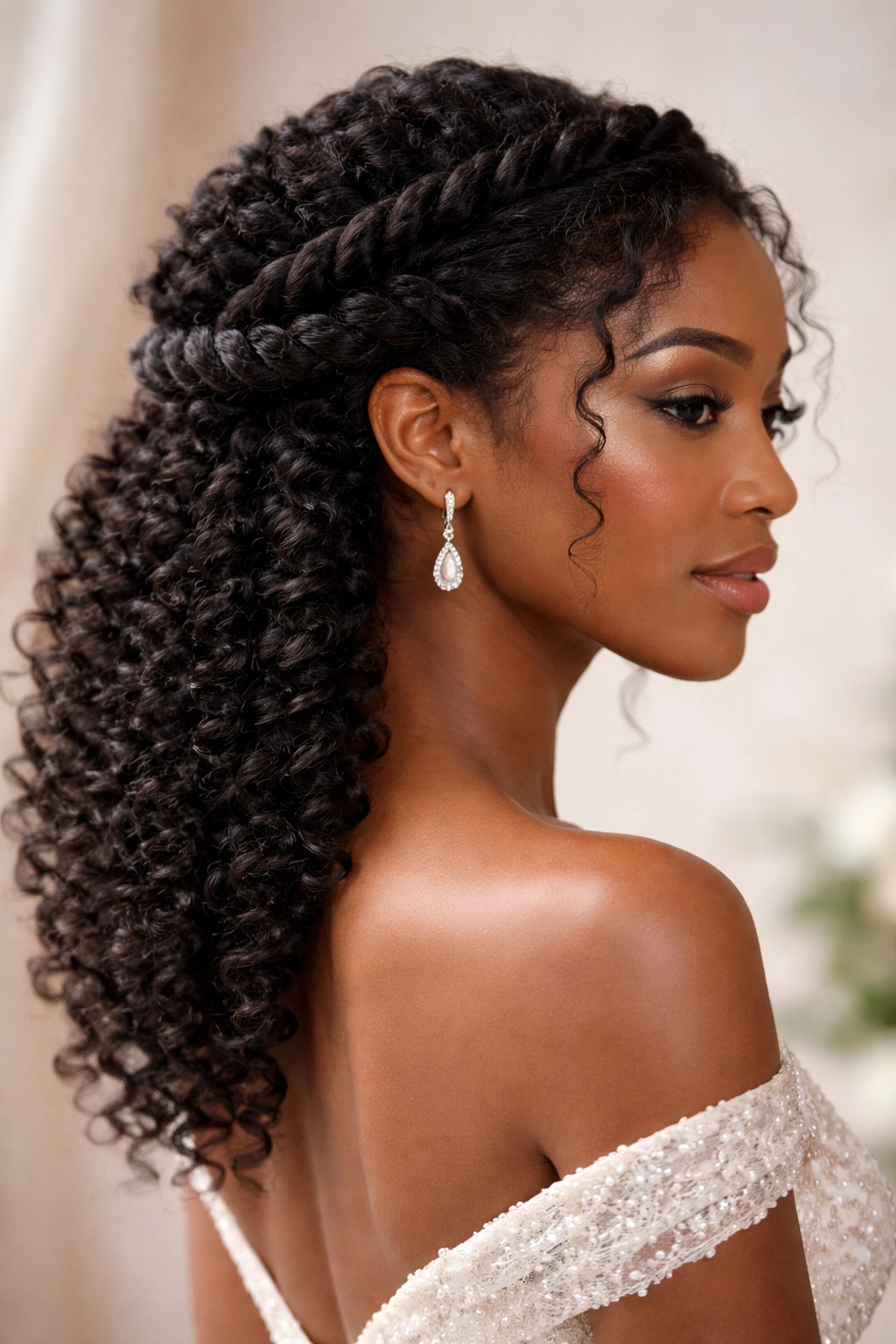 Rope twist crown with loose curls, bridal updo in profile