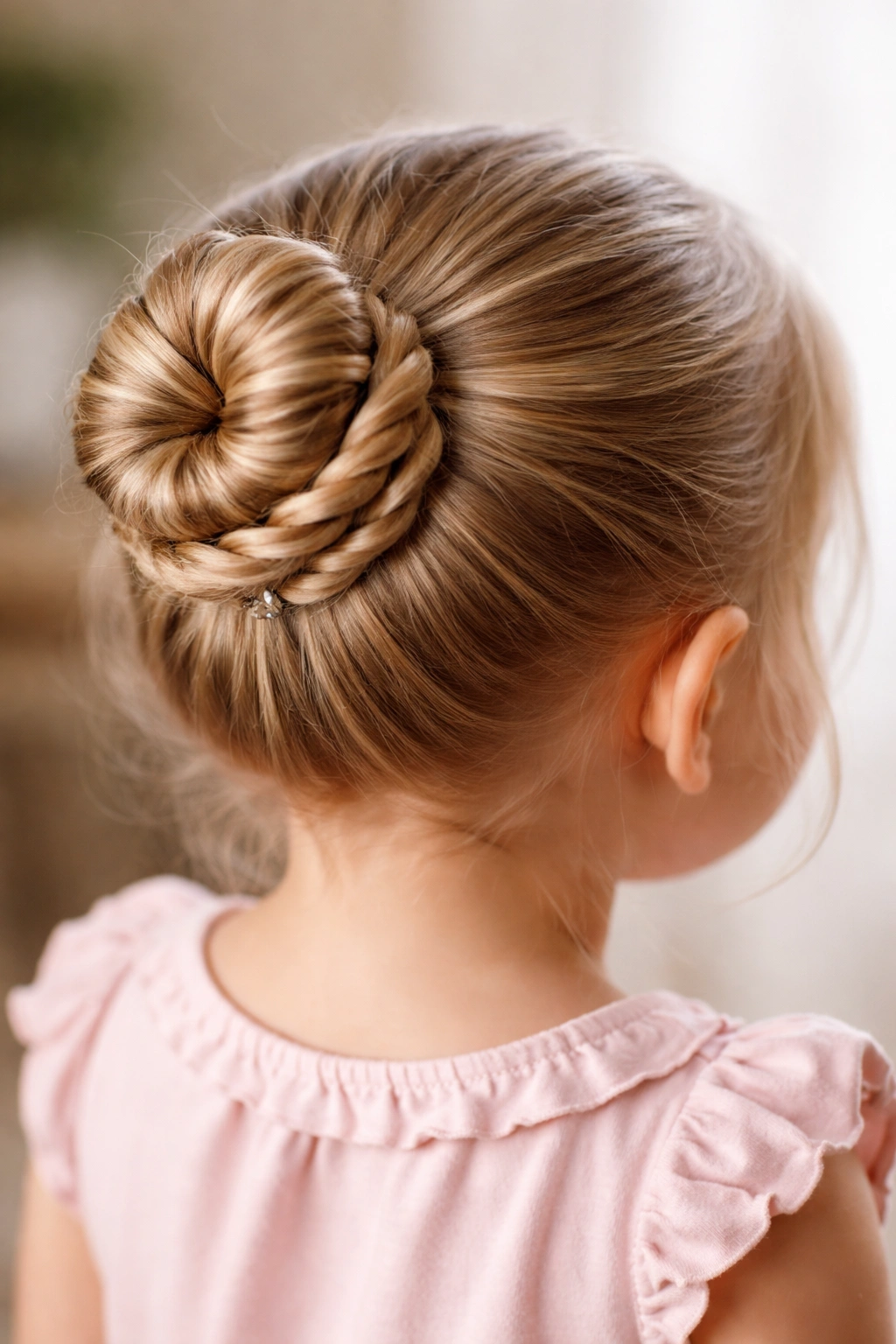 Toddler bun created from rope twists with visible texture.
