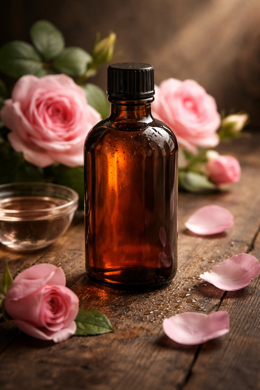 Dark amber glass bottle of rose water on wood with soft light