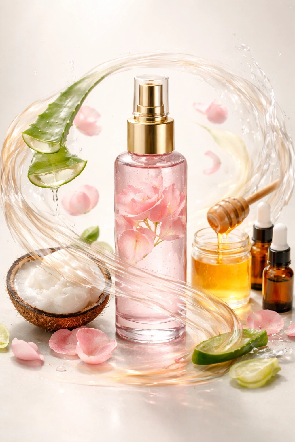 Close-up of a rose water bottle with a soft swirl, implying blending with aloe vera or other ingredients.