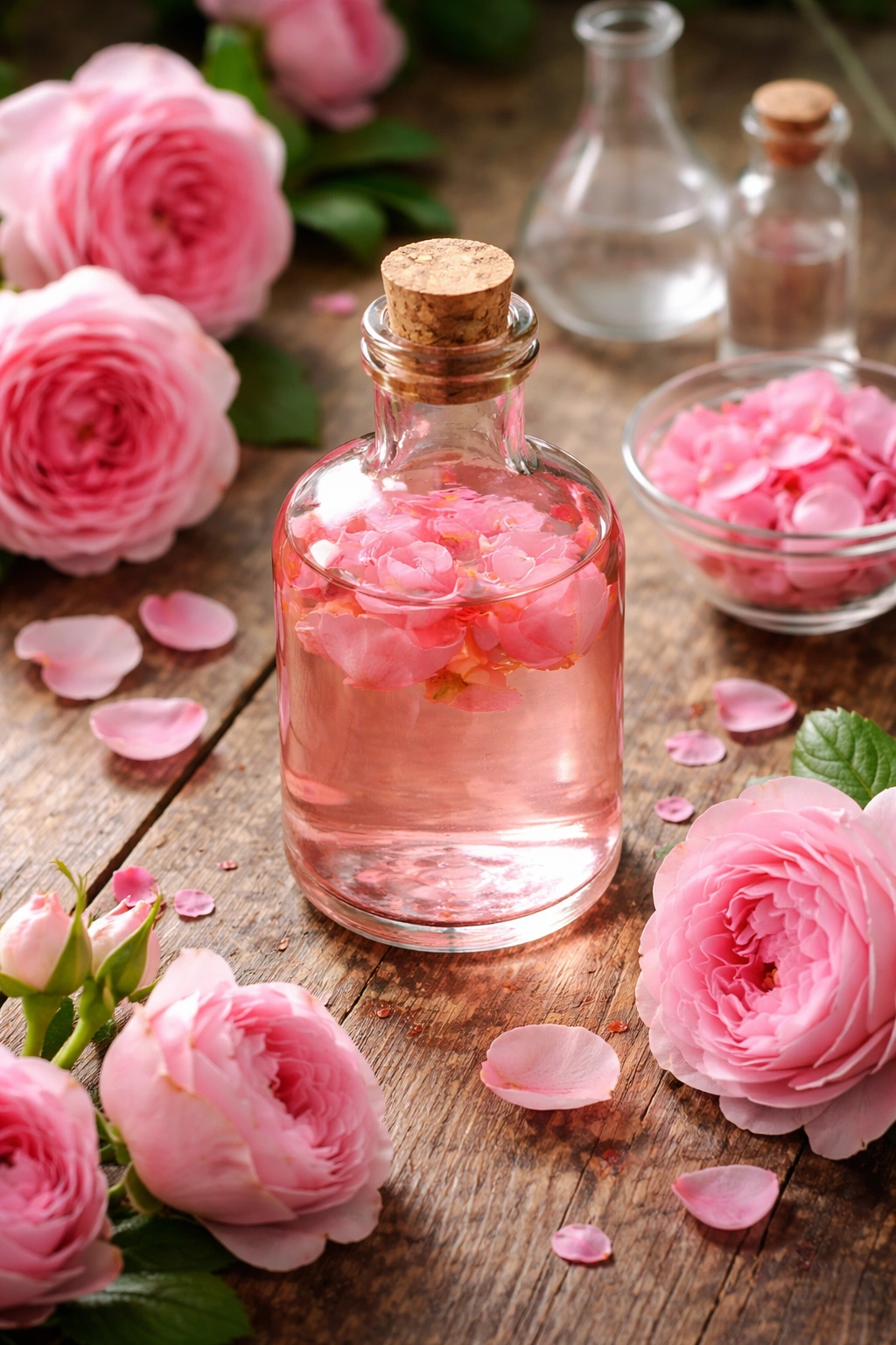 Rose water in a glass bottle on a wooden surface with fresh roses