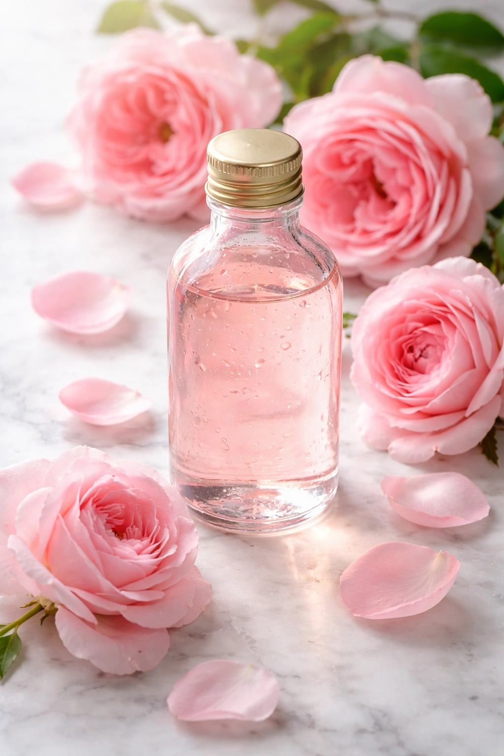 Close-up of a clear glass bottle of rose water with fresh rose petals on a light marble surface