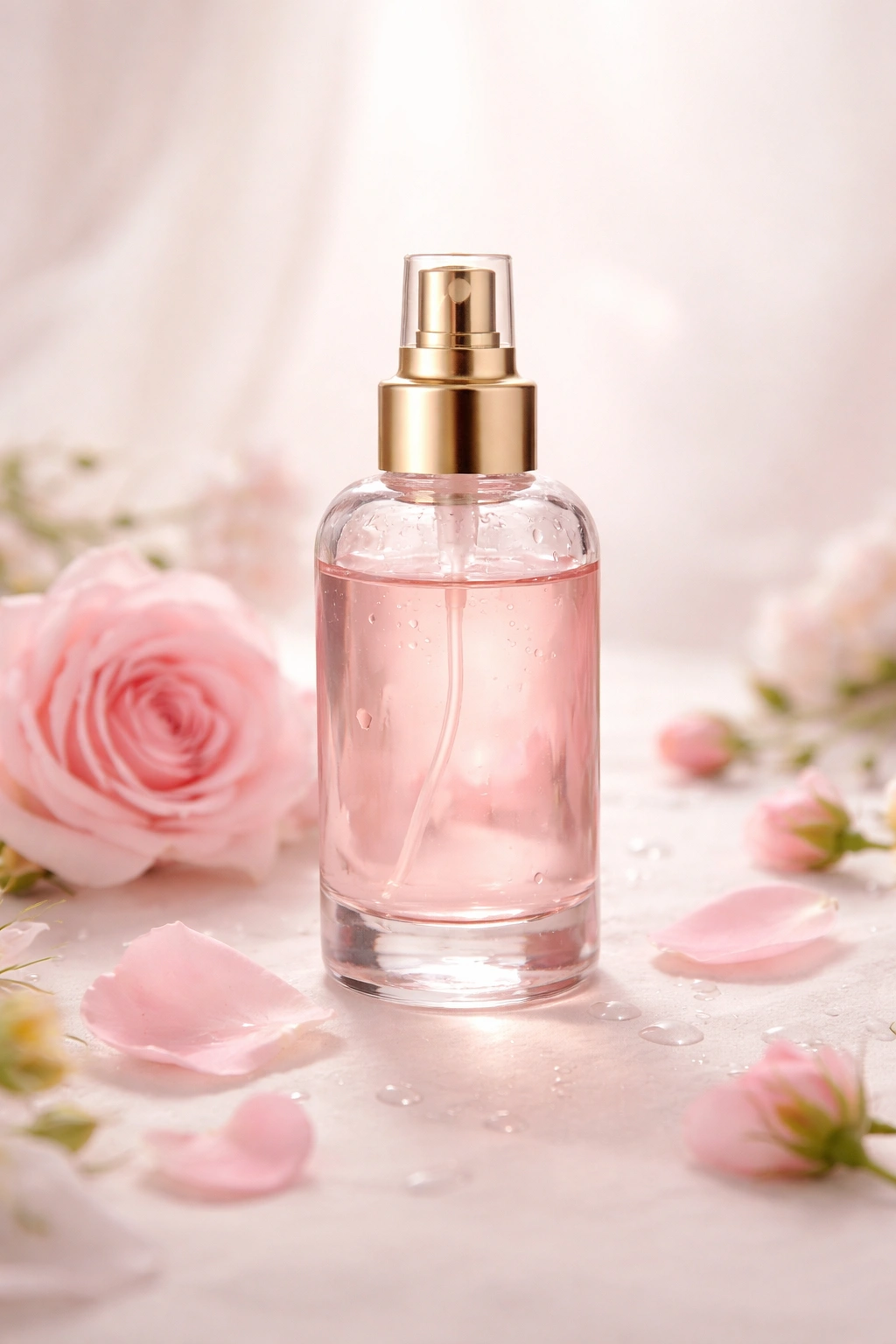 Close-up of a clear glass bottle of rose water on a neutral background, symbolizing additional beauty benefits.