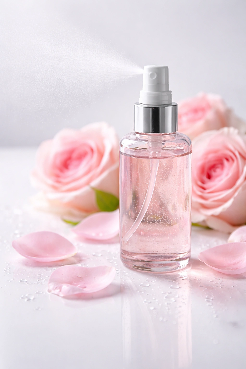 Close-up of a clear spray bottle releasing mist over rose petals