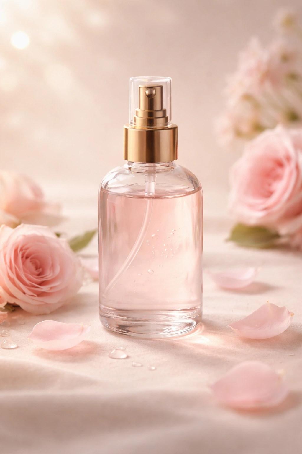 Clear glass bottle of rose water on a soft neutral background