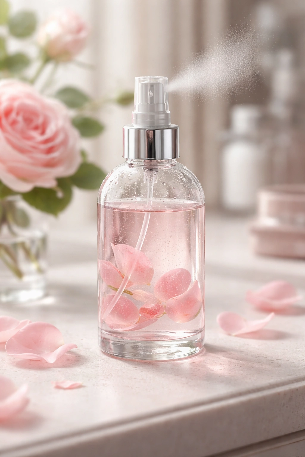 Clear glass bottle with mist rising on a vanity with rose petals