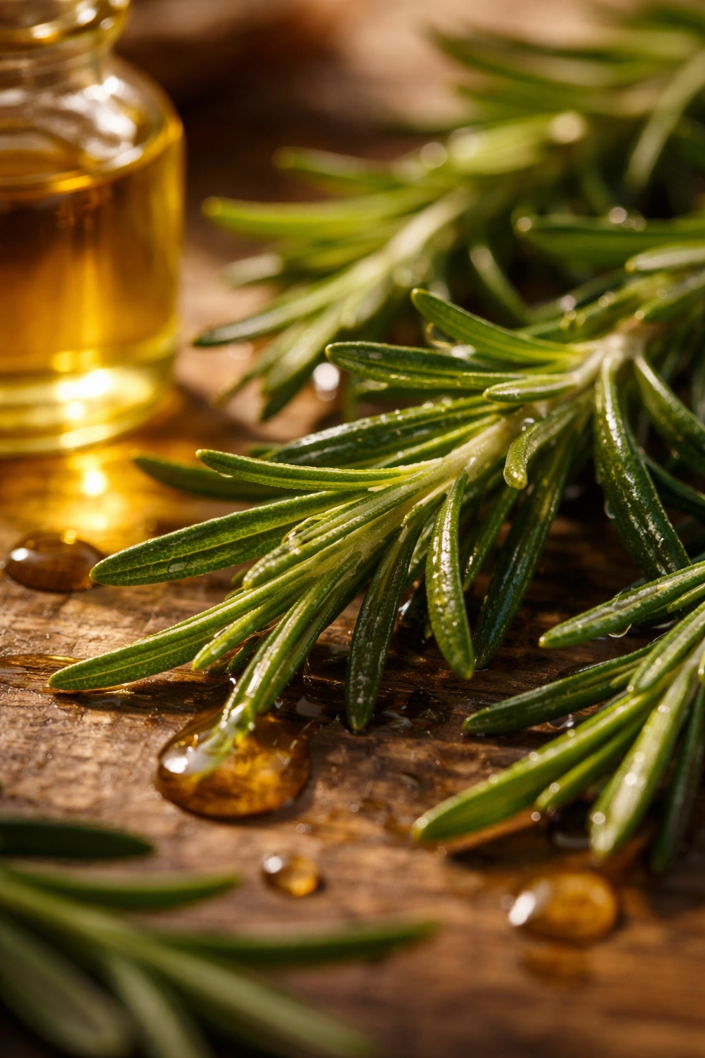 Rosemary leaves with oil droplets for hair growth and repair concept