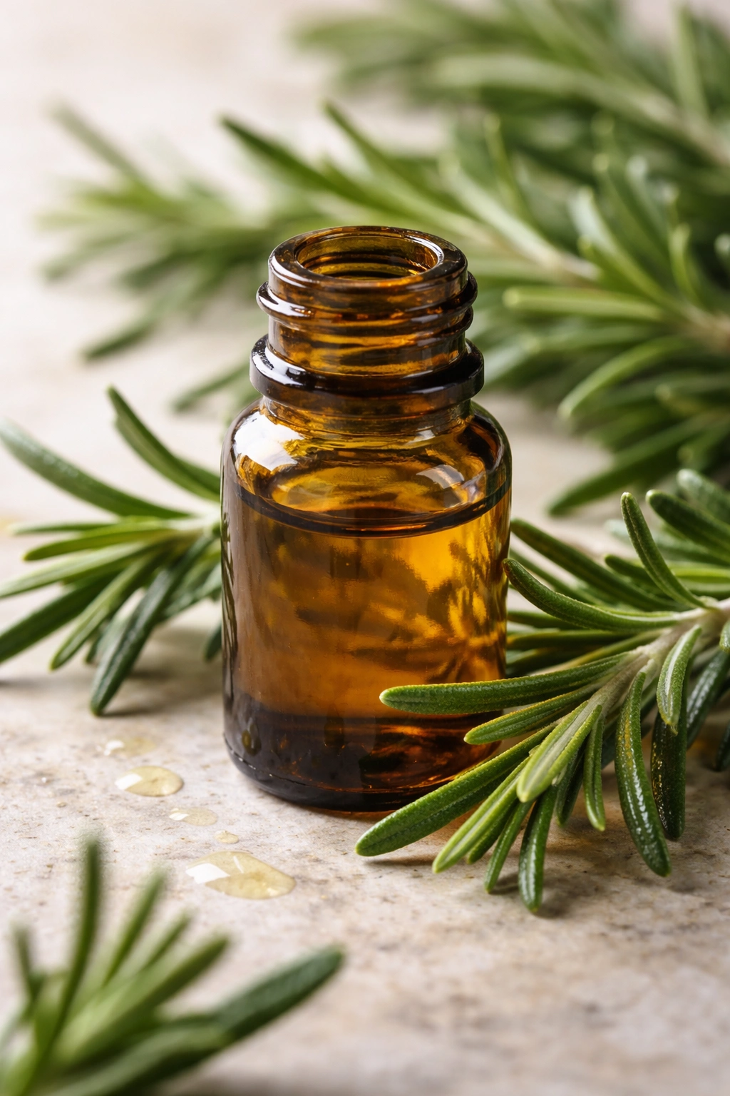Rosemary oil bottle with fresh rosemary on a clean surface
