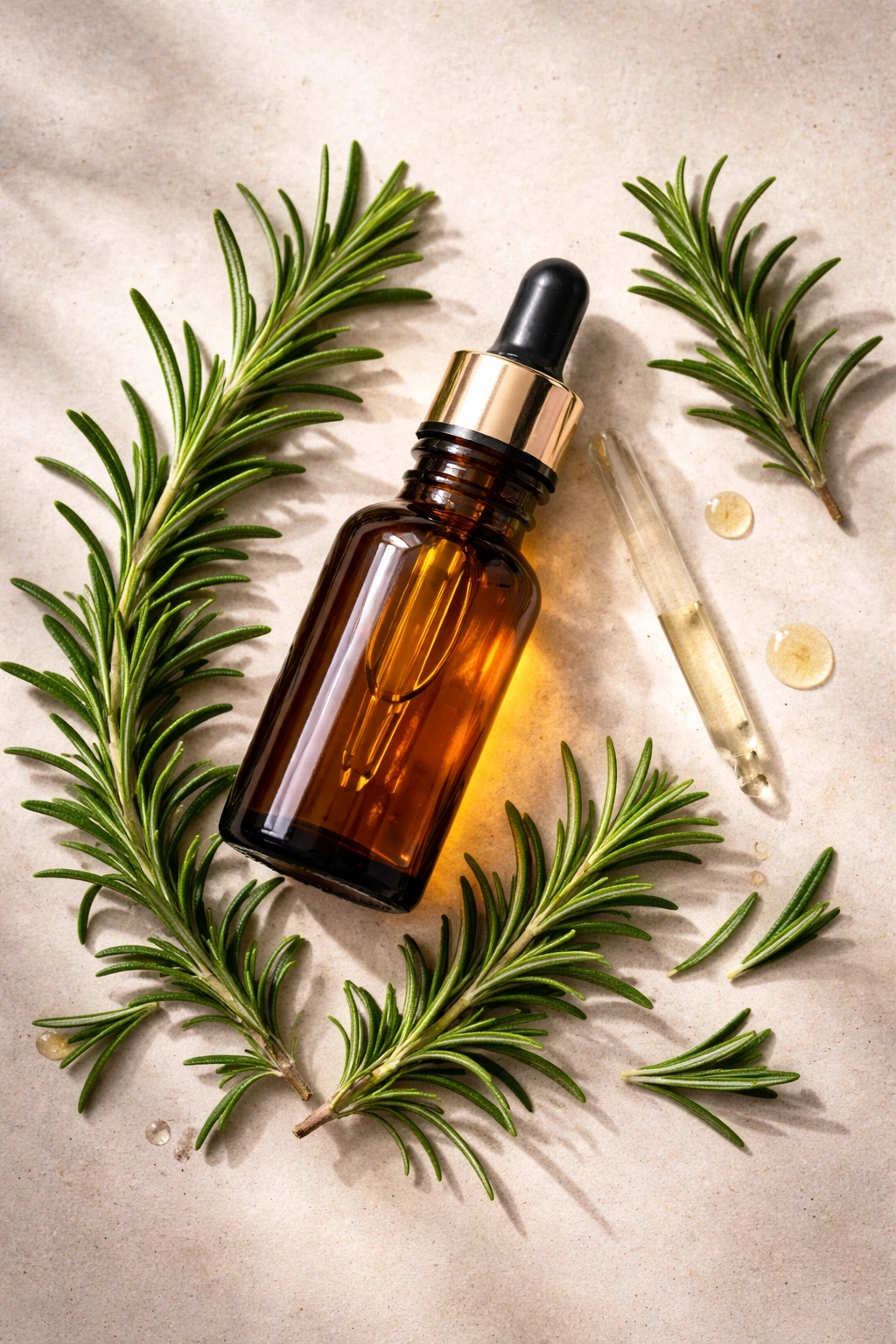 Amber rosemary oil bottle with fresh rosemary sprigs on neutral background