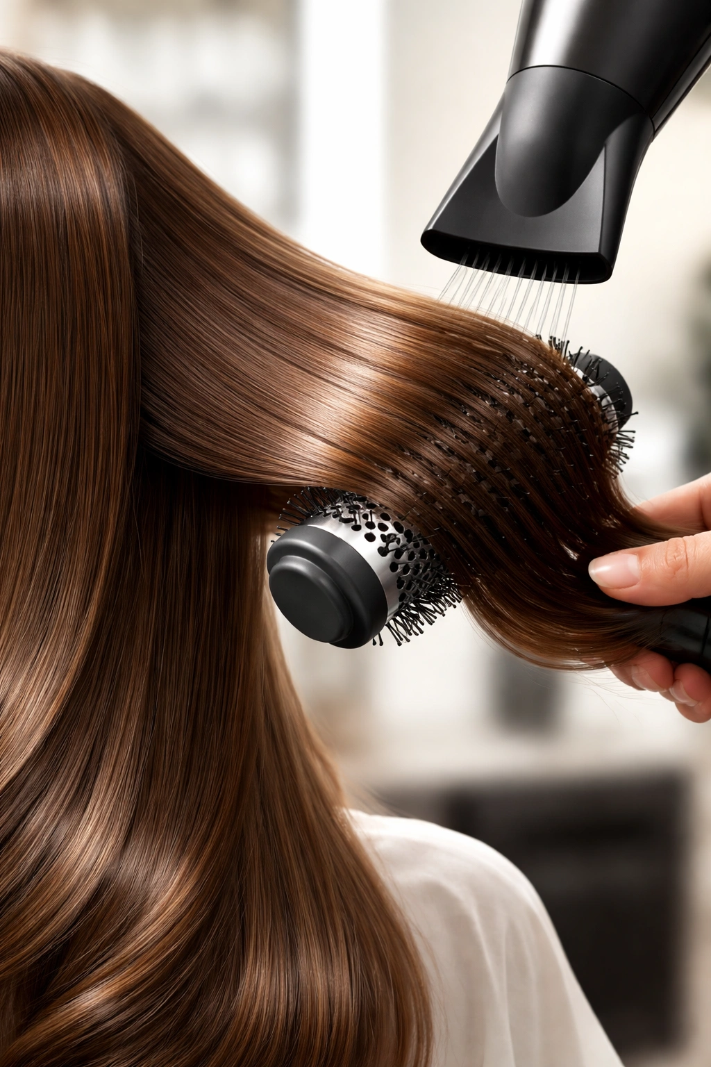 Close-up of a round brush smoothing a hair strand during blow-dry