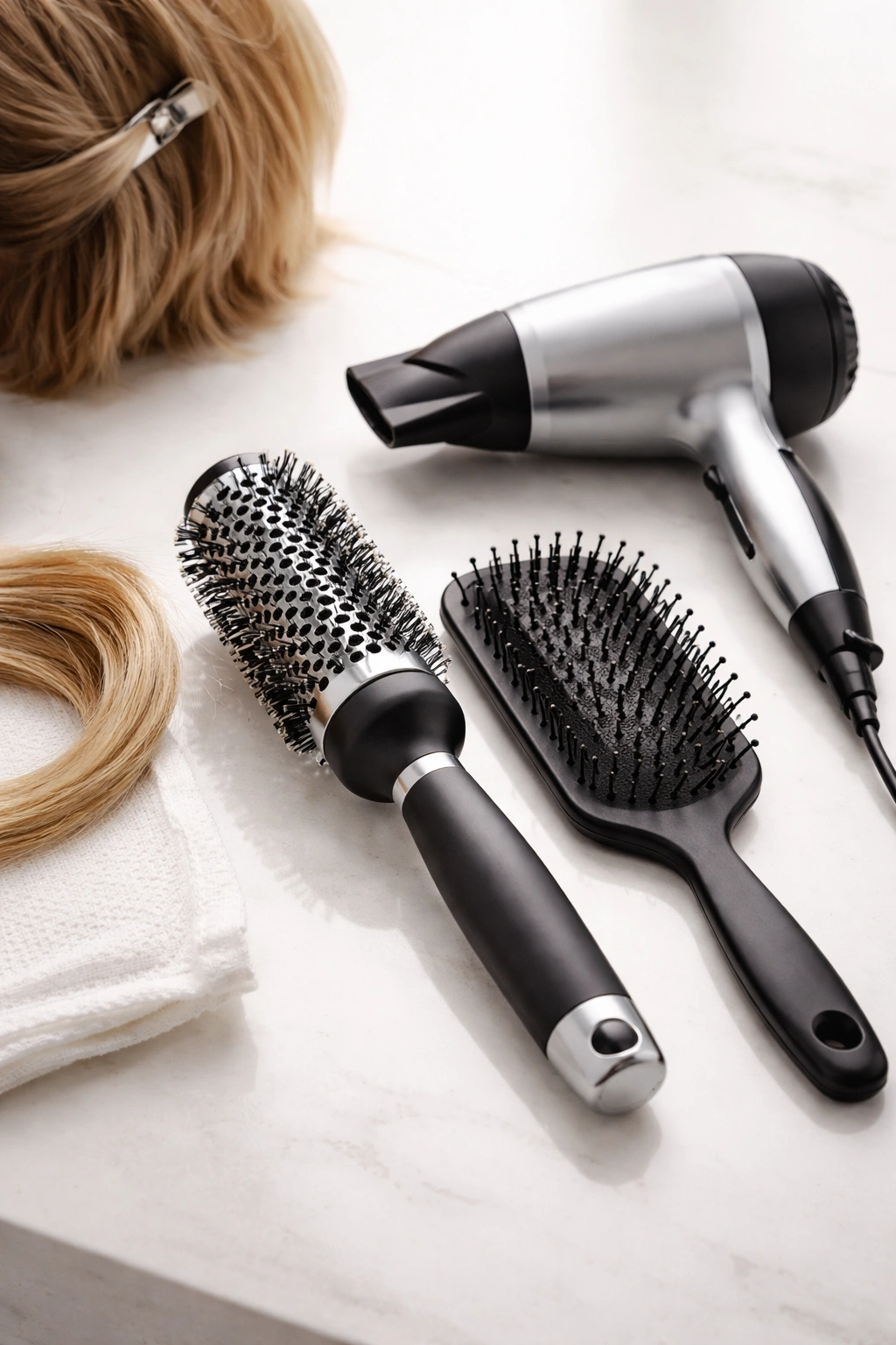 Close-up of round brush and paddle brush for quick styling on short hair