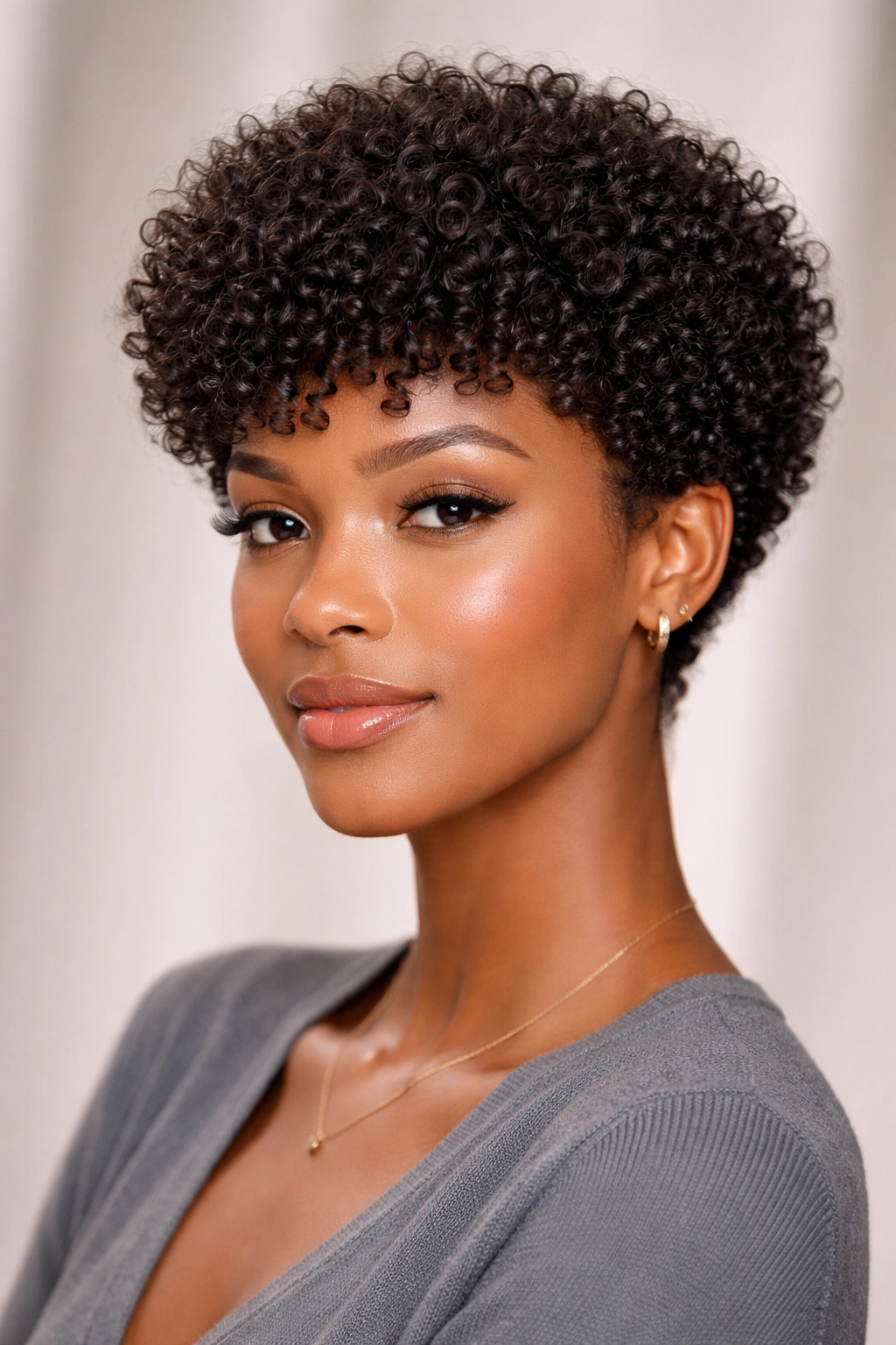 Close-up portrait of a short round crop haircut showcasing Type 3 curls