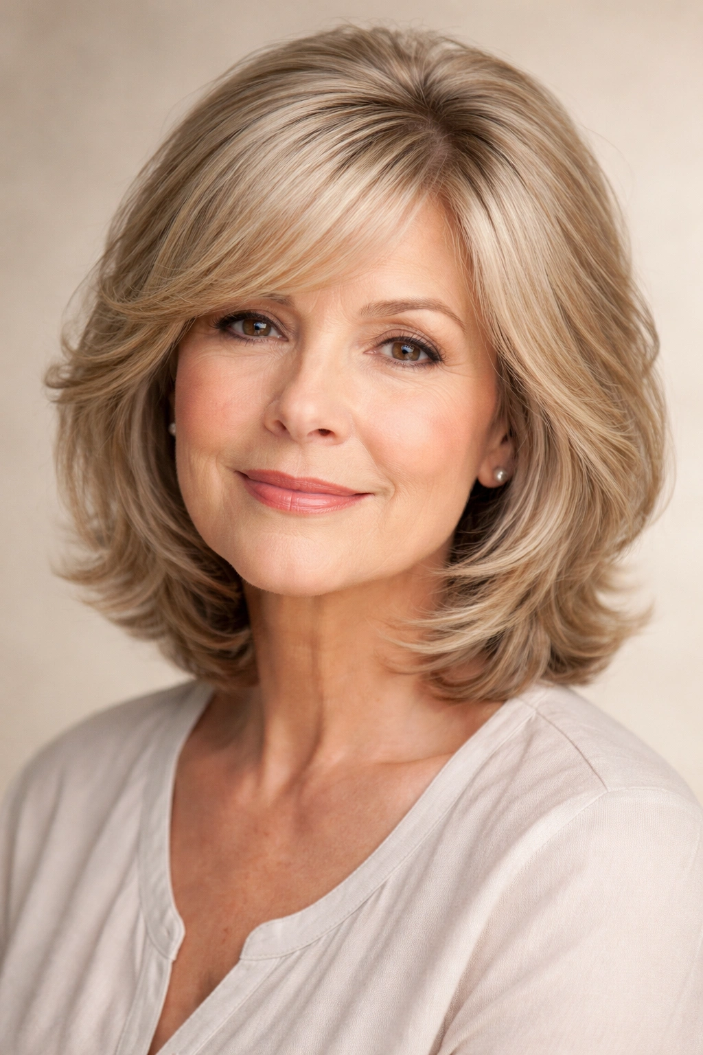Three-quarter portrait showing round-face silhouette with crown volume and side-swept fringe