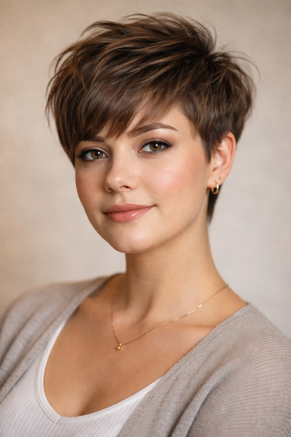 12 Pixie Haircuts With Bangs For Round Faces 14 Portrait of a round-faced person with a textured, elongating pixie