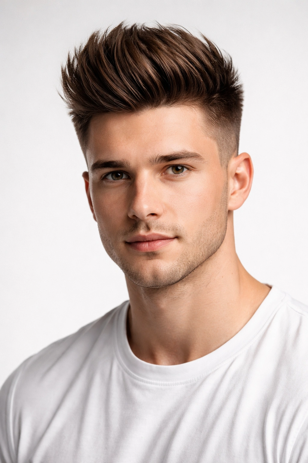 Portrait of a man with round face and a tall quiff balancing facial features