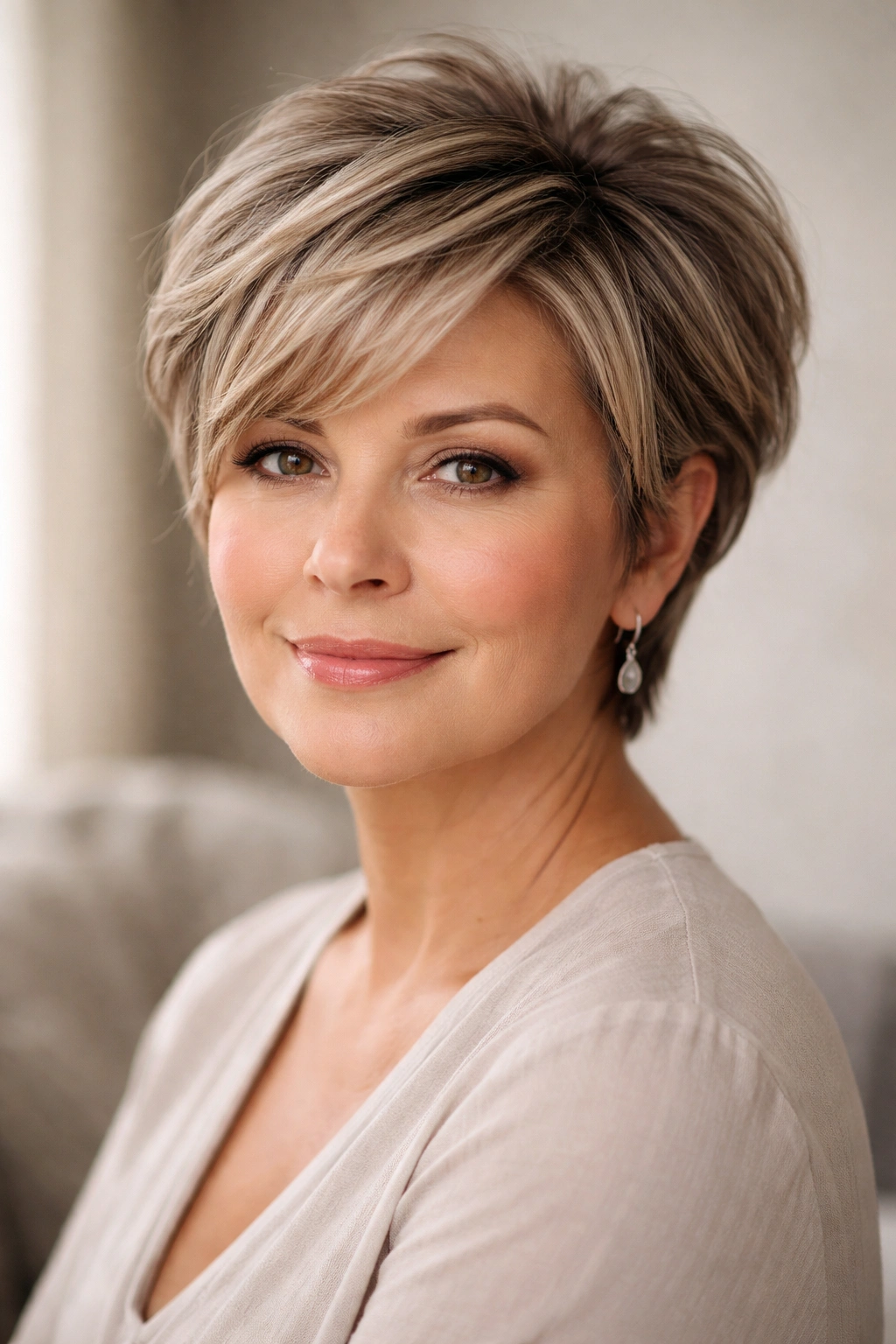 12 Short Hairstyles For Round Faces Over 50 1 Portrait of a round-faced woman with crown-volume short haircut and layered texture