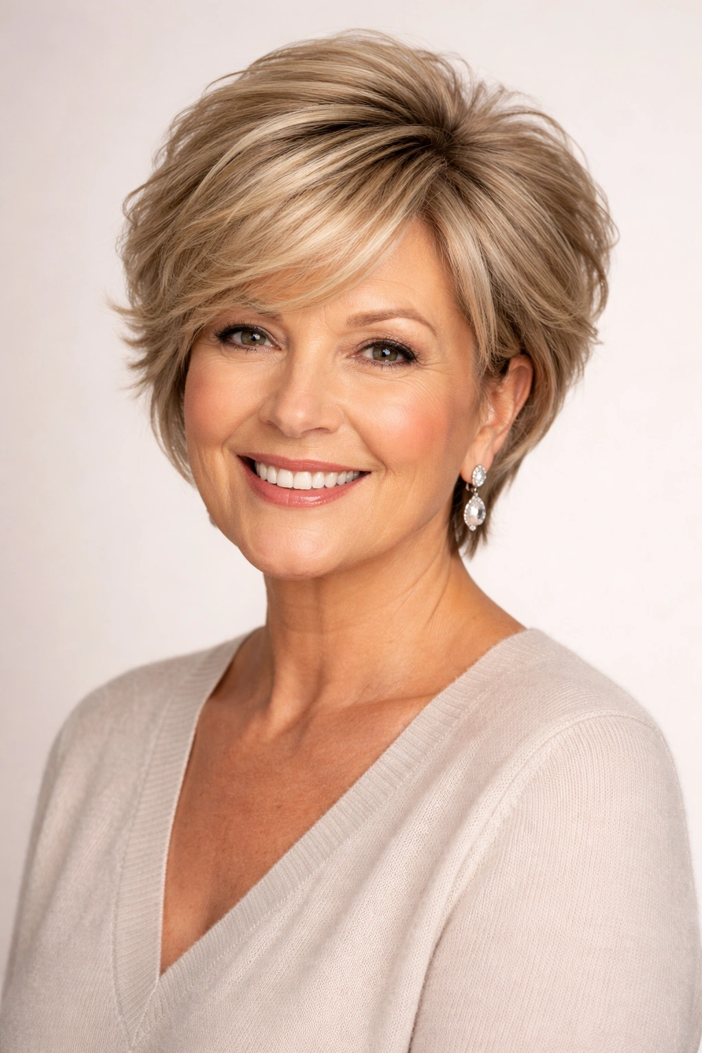 Head-on portrait showing crown volume and diagonal lines for round-face styling