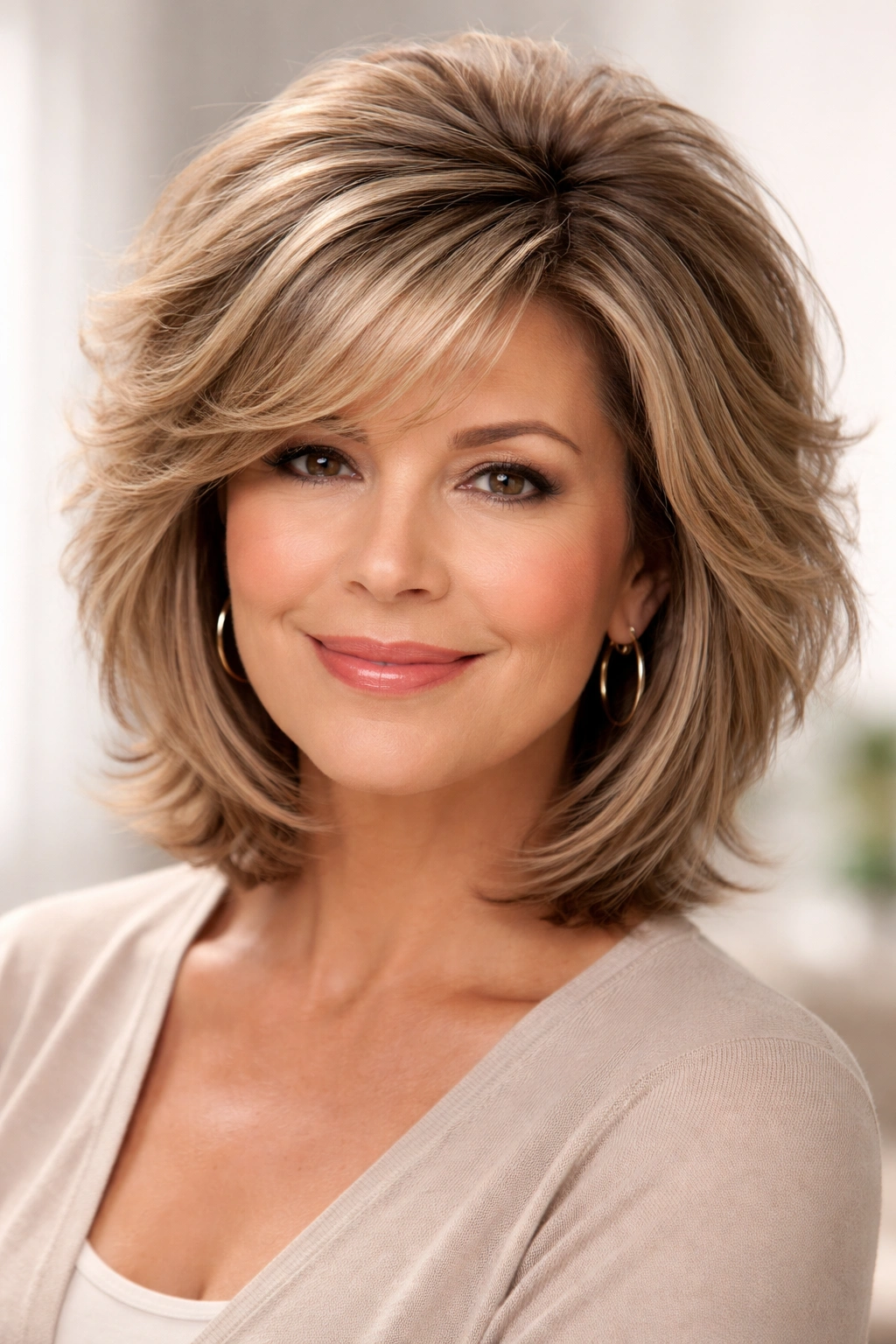 Portrait of a model showing layered hair with crown height to flatter a round face