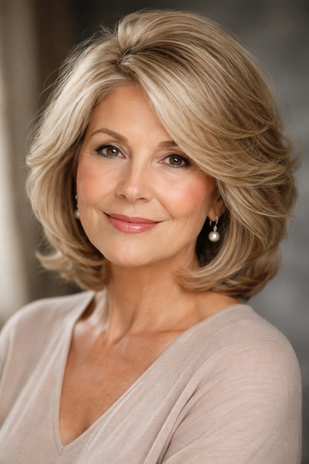 Portrait of an elegant older woman with a round face and layered shoulder-length hairstyle in studio lighting