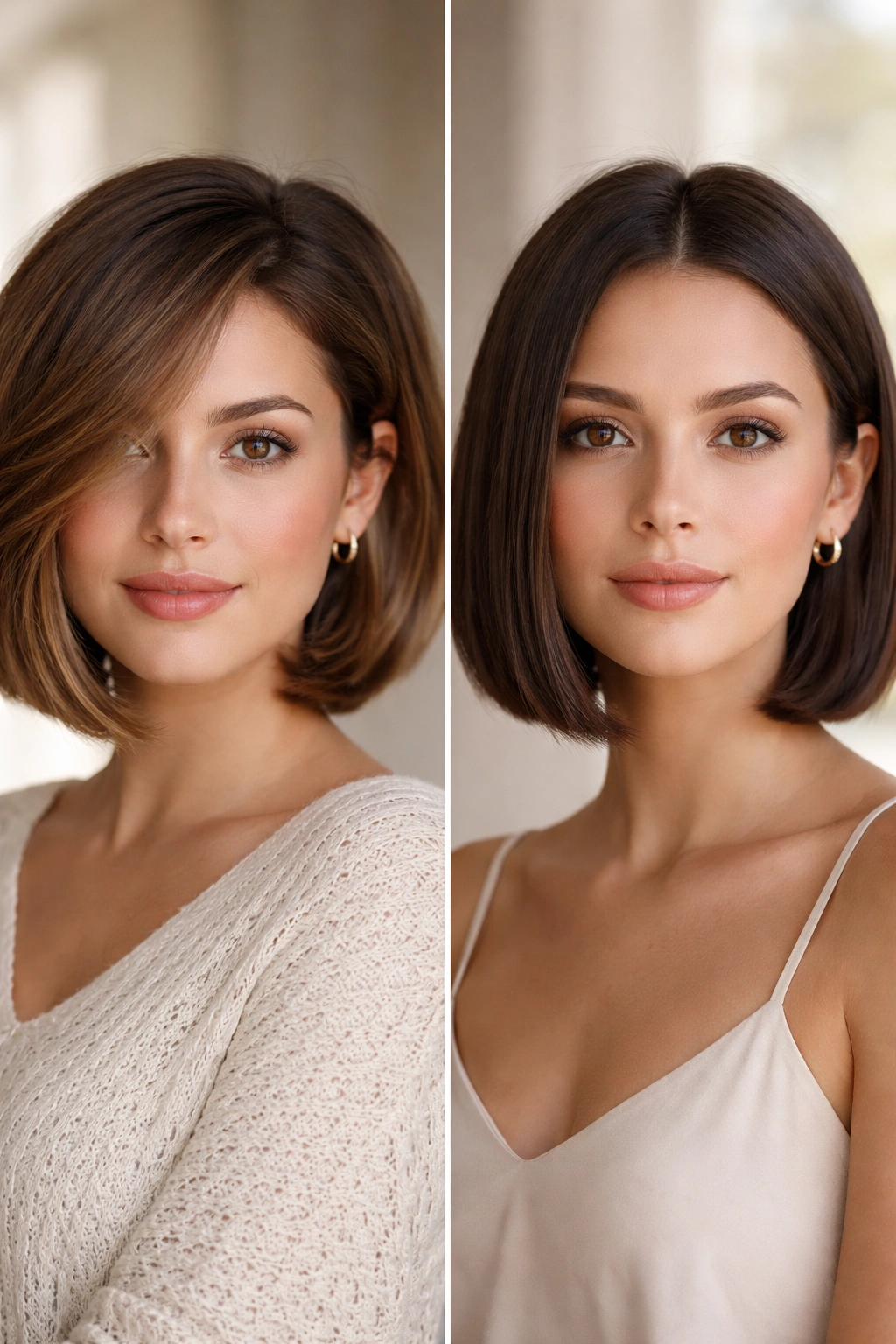 10 Chin Length Cuts For Round And Oval Faces 2 Duo of round and oval face silhouettes with chin-length hair for definition.