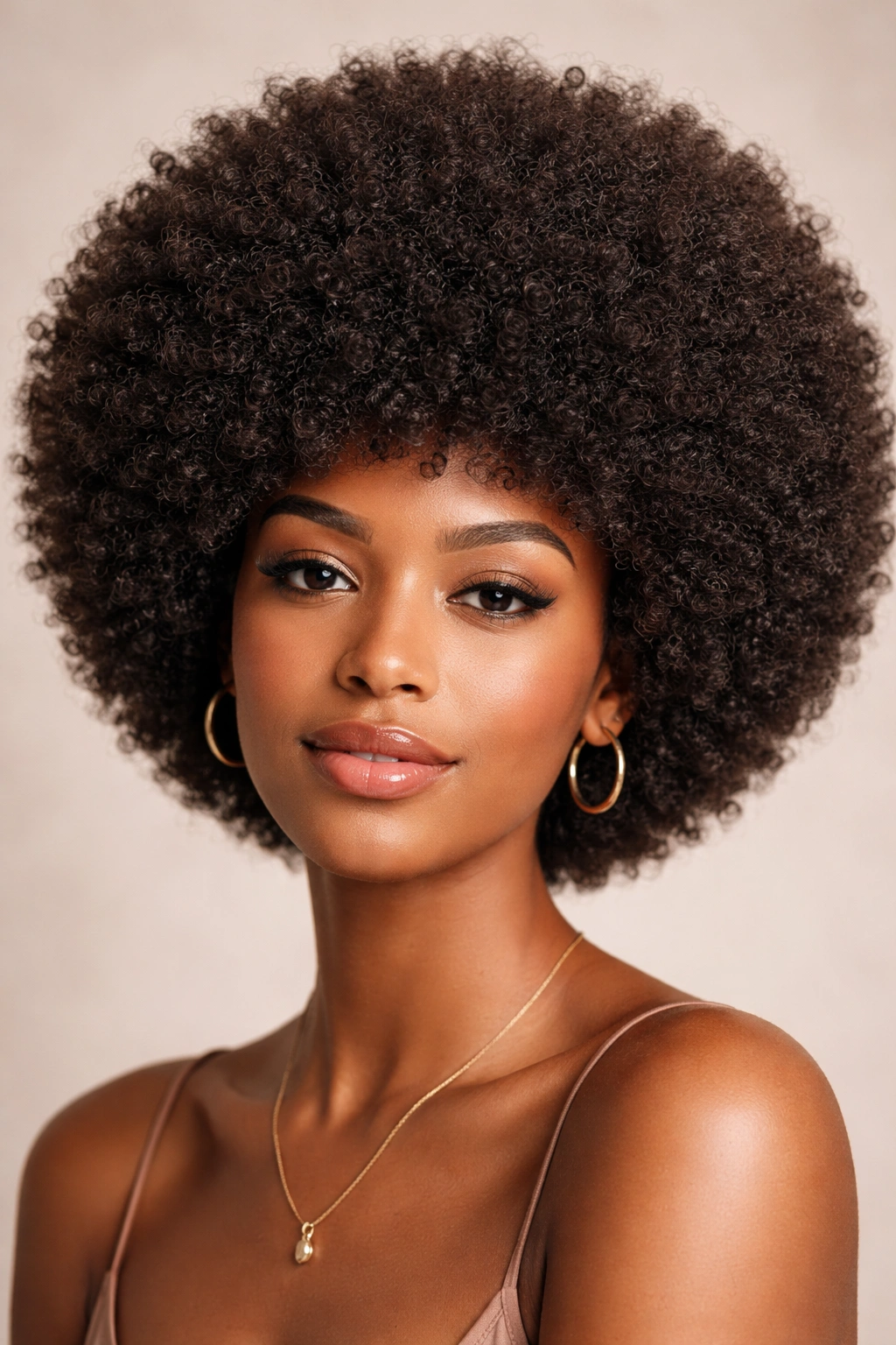 Close-up of a short rounded Afro with evenly textured curls forming a spherical shape
