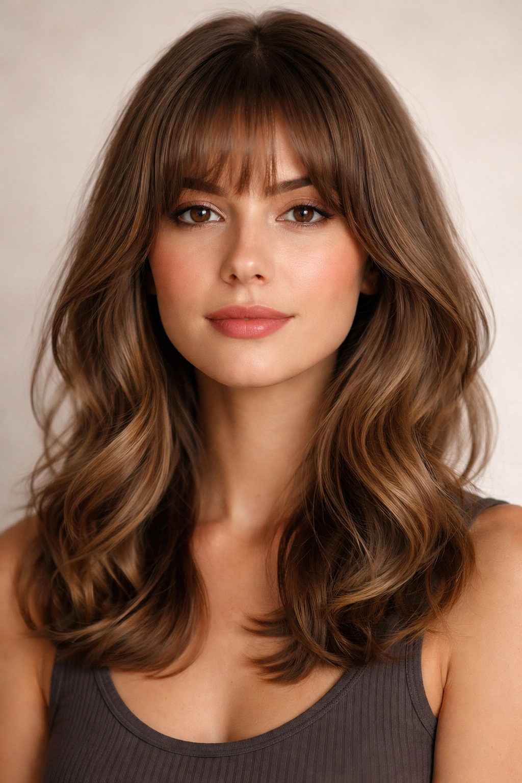Soft rounded bangs curving along the forehead