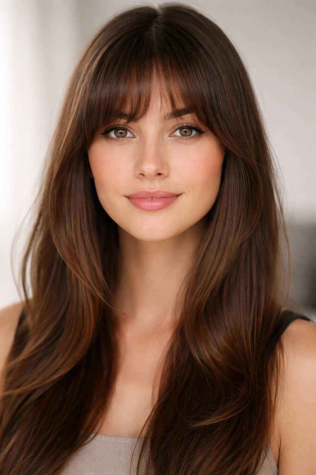Close-up of softly curved rounded bangs framing the forehead in studio lighting