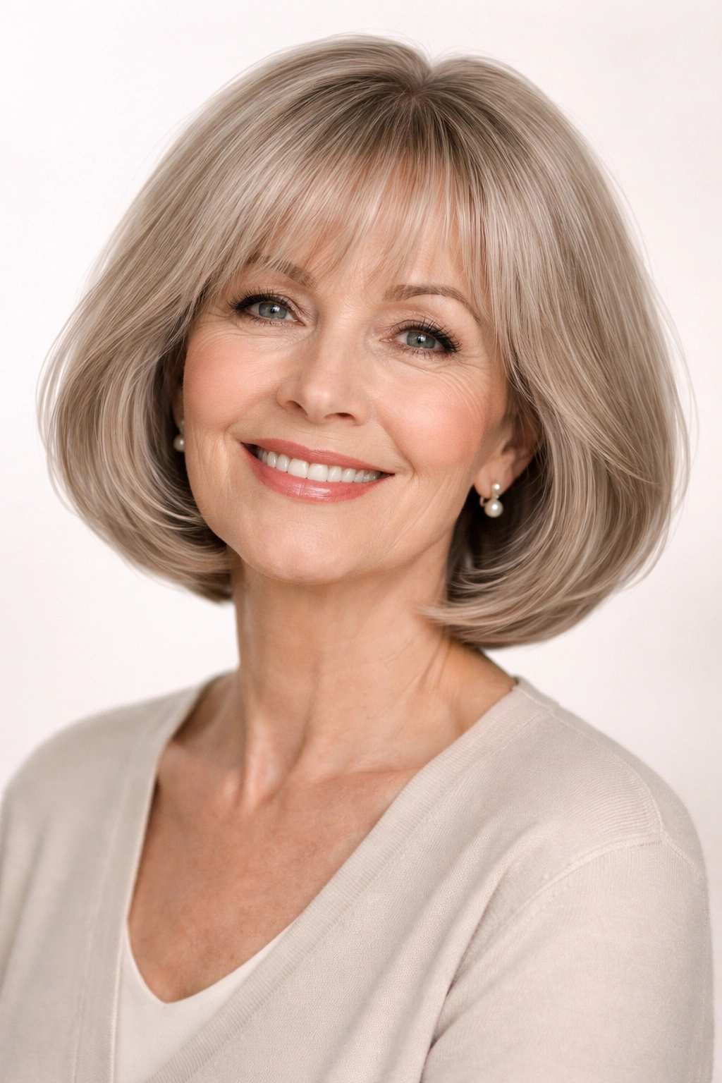Rounded bob with soft wispy bangs framing the face