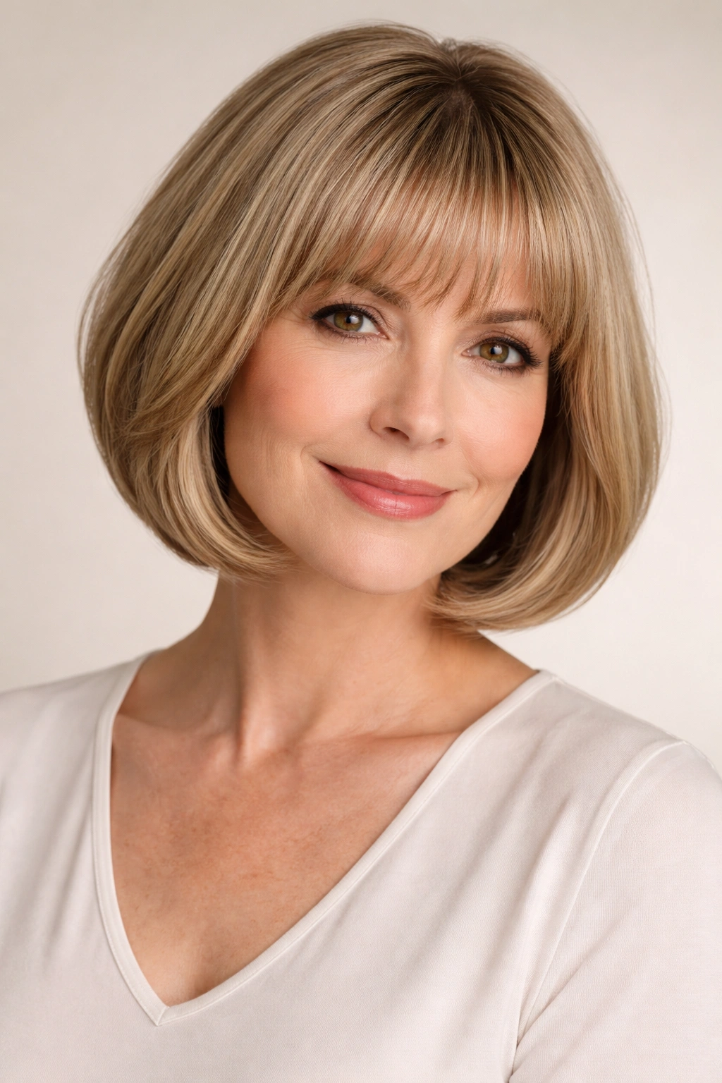 Rounded bob with soft bangs on a mature woman in a studio setting