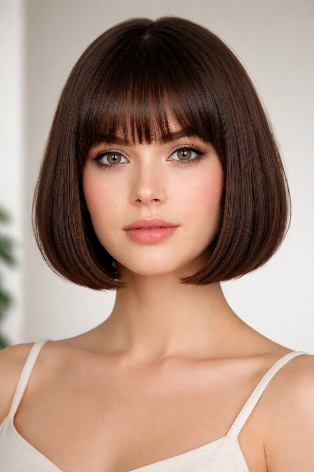 Close-up of rounded chin-length bob with blunt bangs and curved silhouette