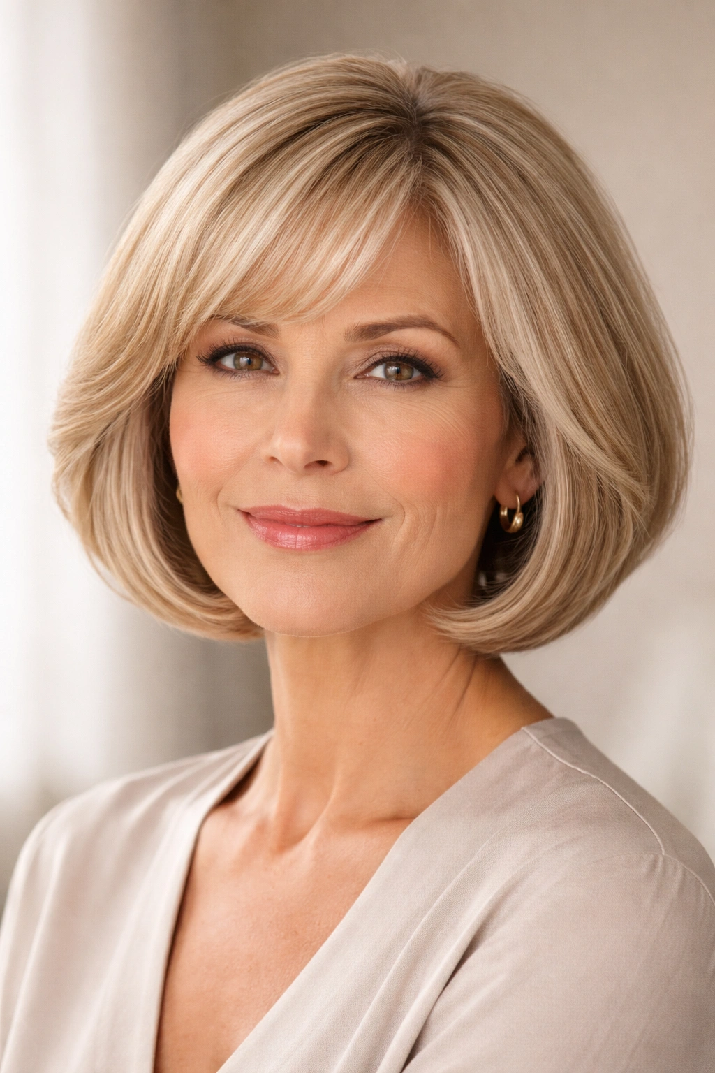Soft rounded chin-length bob with gentle layers framing the face
