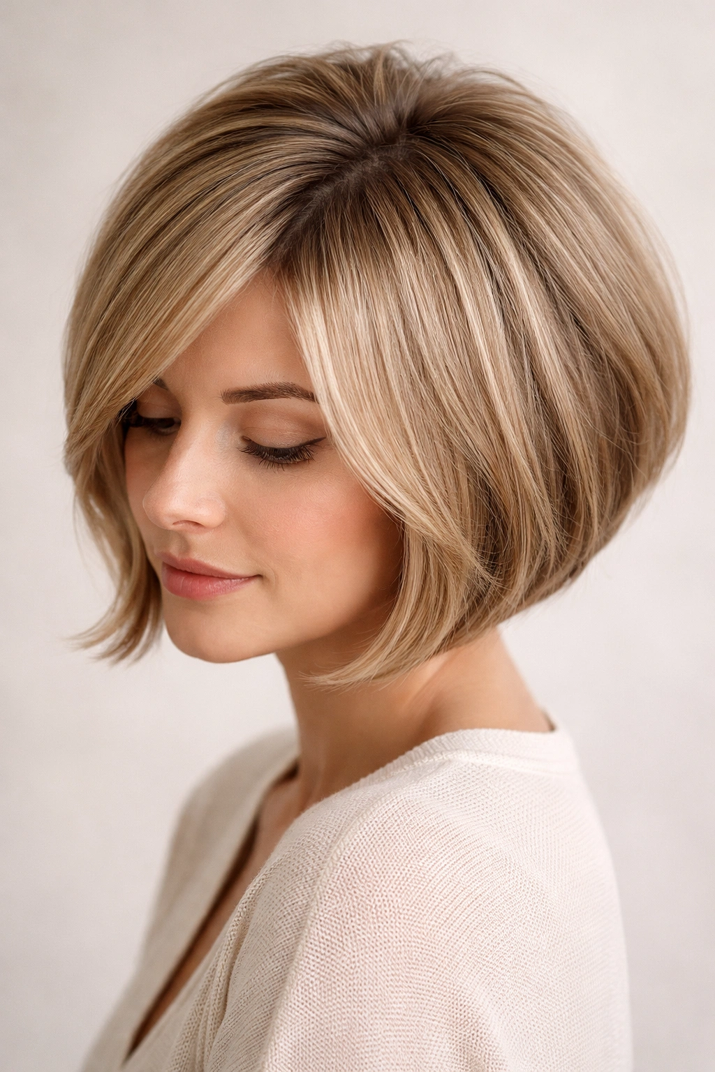 Rounded bob with textured crown showing lifted volume at the crown area.